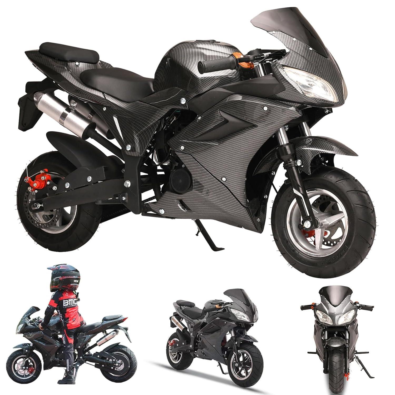 Mini Pocket Bike Motorcycle 49cc 4-Stroke Gas Bike Motorbike with Front Rear Disc Brakes, Gas Pocket Motorbike Racing Max Speed 25MPH, Dual Headlights Black