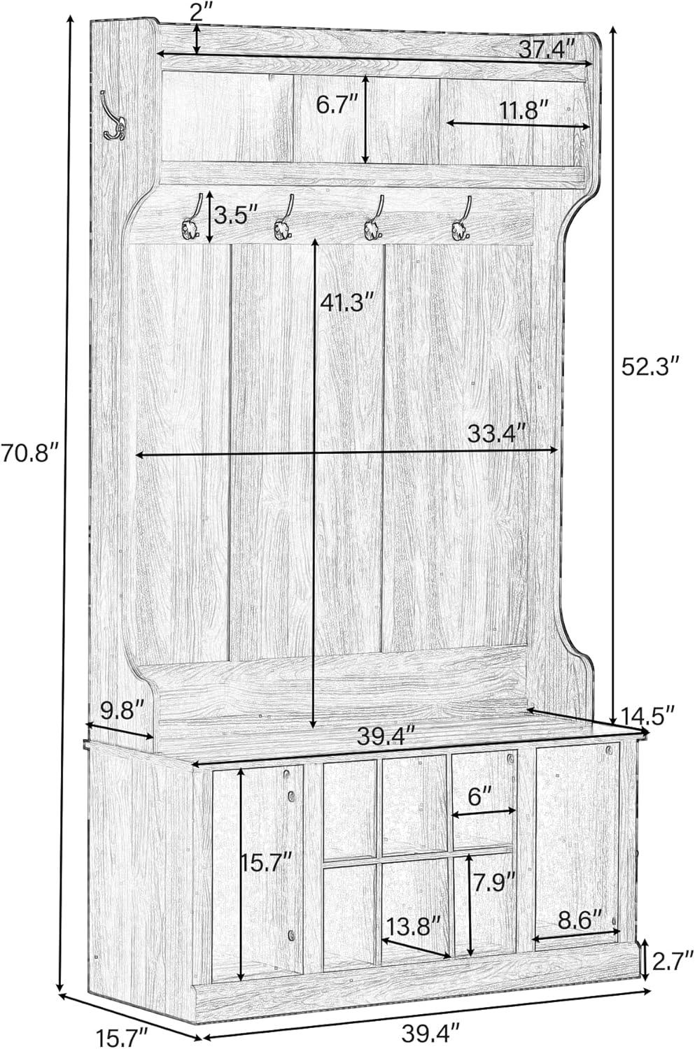 Hall Tree with 6 Hooks , Coat Hanger, Entryway Bench, Storage Bench, 3-in-1 Design, 39.4INCH, for Entrance, Hallway(Tiger)