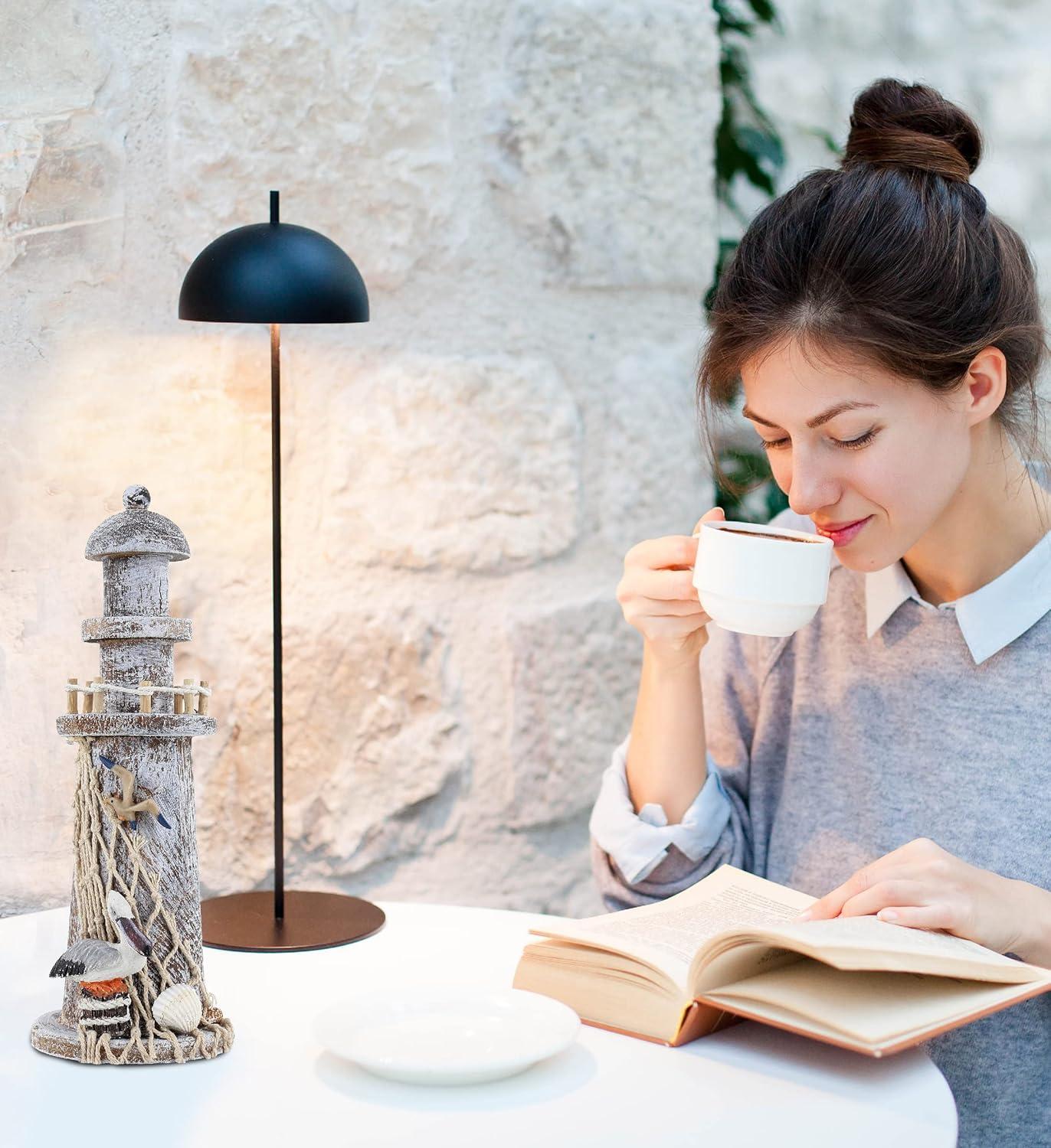 CoTa Global Brown Wooden Lighthouse Decor - Handmade and Crafted Wooden Lighthouse Decoration with Pelican and Fishing Net, Beach Style Tabletop Home Decor - Handmade Color May Vary - 8.75 Inches