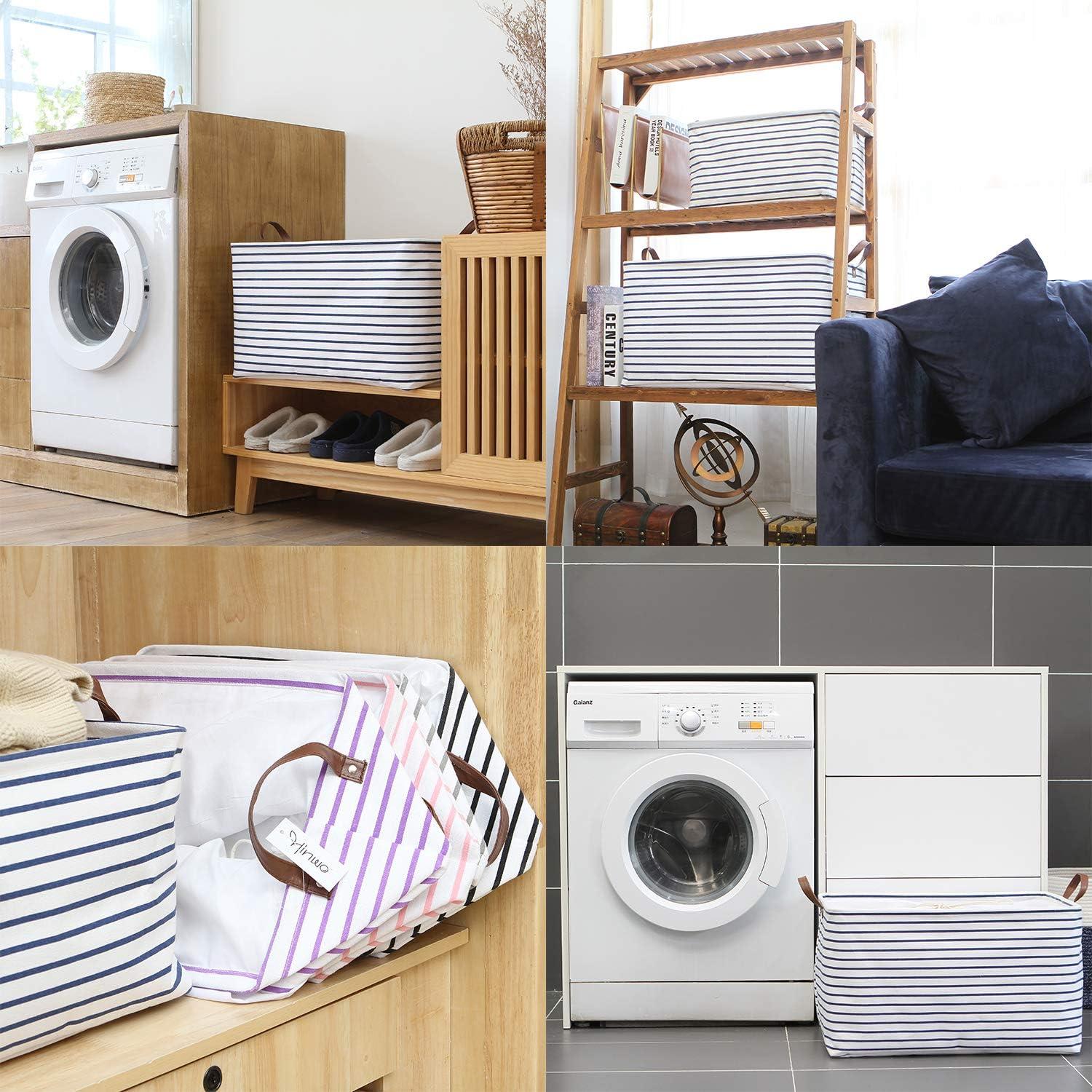 Hinwo 2-Pack Extra Large Canvas Fabric Storage Baskets with Handles, 70L Oversized Storage Bins, Collapsible Storage Box, Clothes, Toys, Blankets Organizers, 22 x 15 x 13 inches, (Purple Stripe)