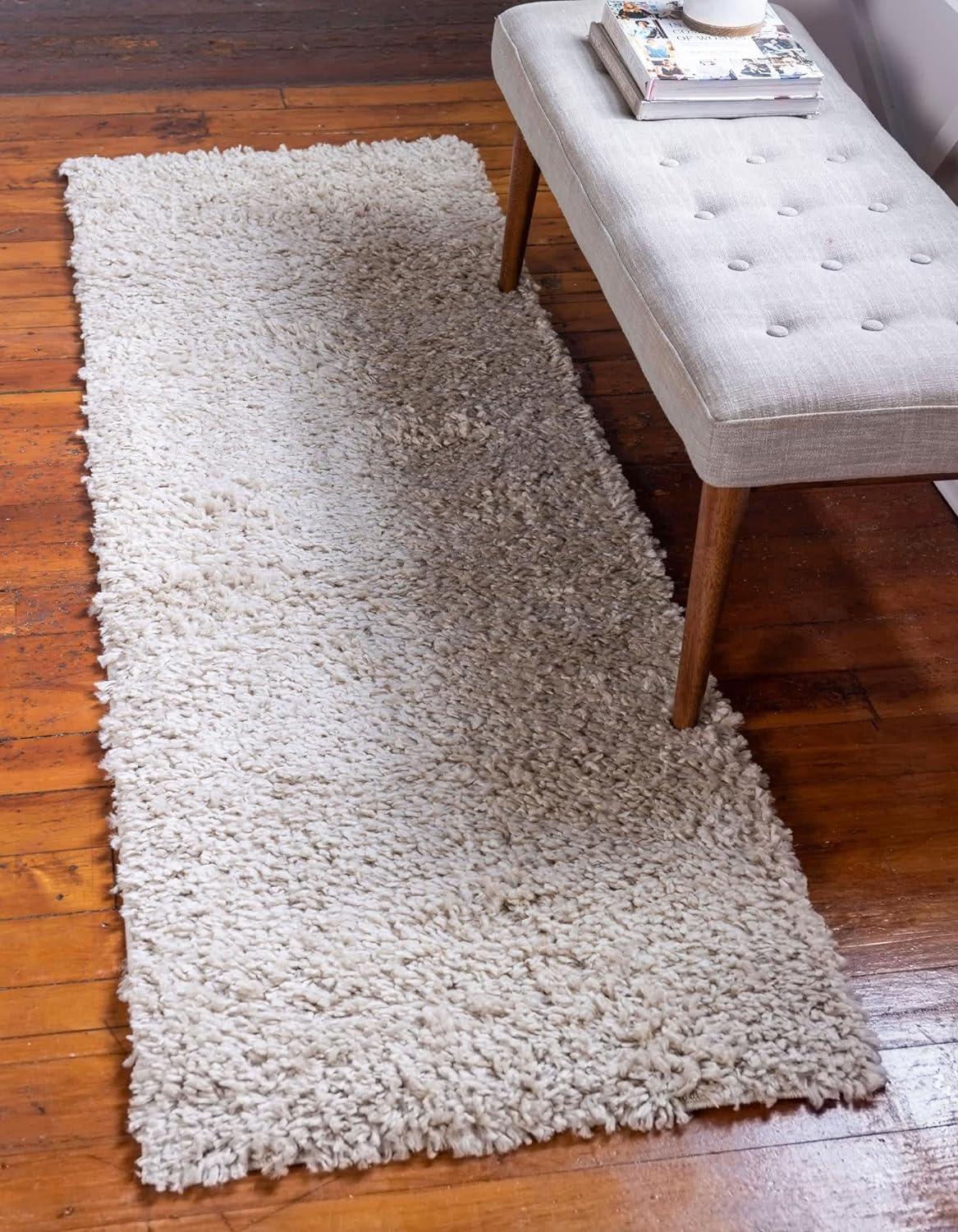 Ivory Shag Runner Rug with Stain-Resistant Synthetic Fibers