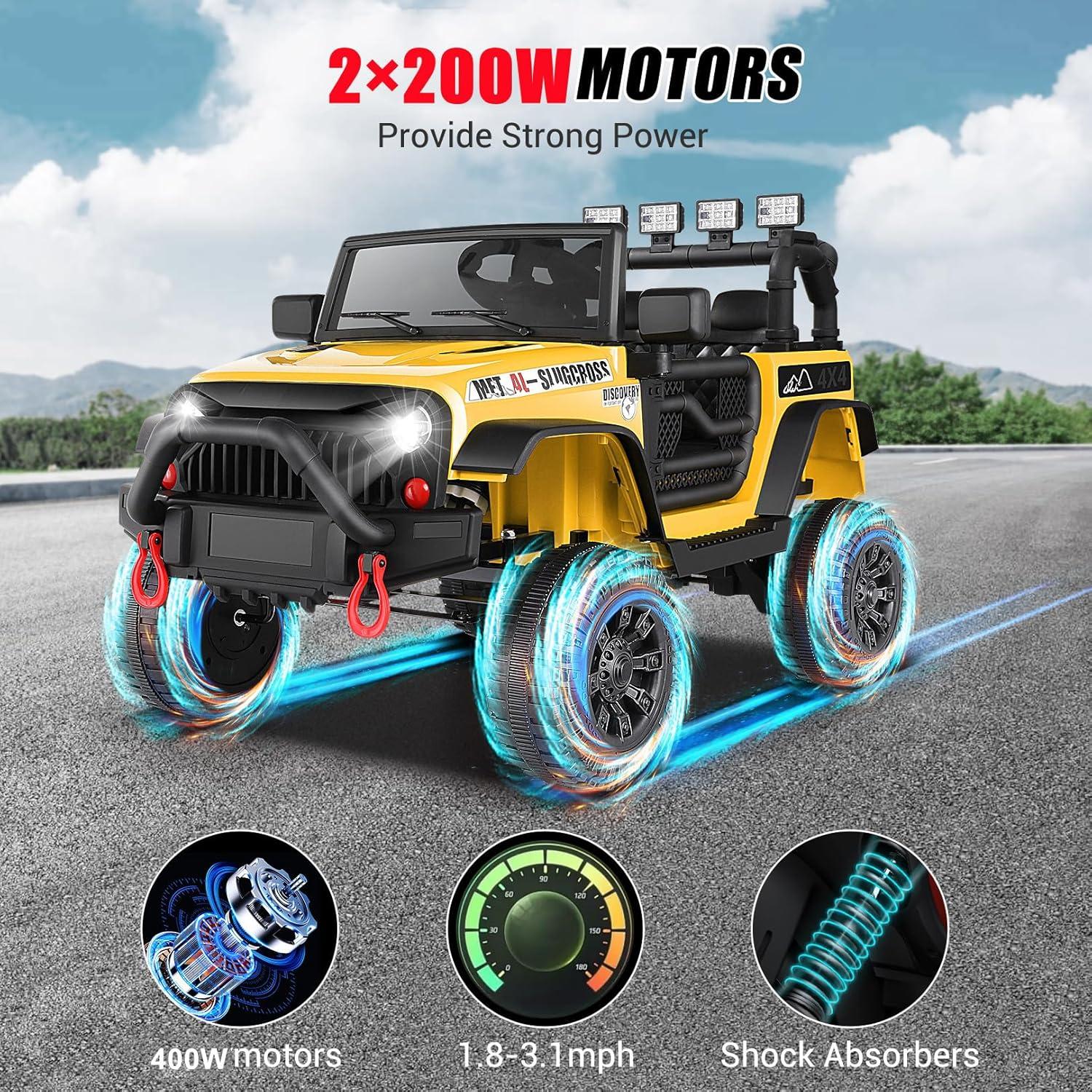 24V Electric Ride on Jeeps for Kids, Ride On Car Truck with Remote Control, Battery Power Car Wheels for Kids w/LED Lights, Bluetooth, Music, 3 Speeds, 24 Volt Ride on Toys for Boys and Girls