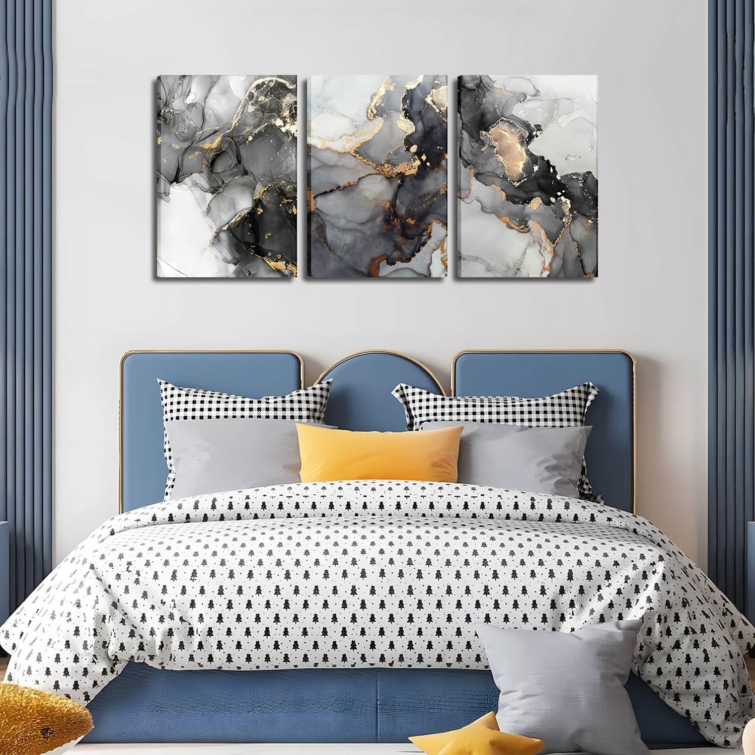 3Pcs Abstract Marble Wall Art Black and Gold Bathroom Decor Nordic Watercolor Gray White Fluid Ink Lines Canvas Picture Contemporary Painting Artwork for Living Room Bedroom Office Home Decor