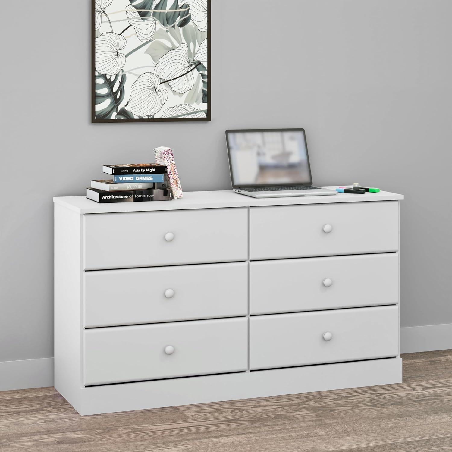 6 Drawers Astrid Dresser White - Prepac: Contemporary Style, Solid Wood Knobs, 47.25" Wide