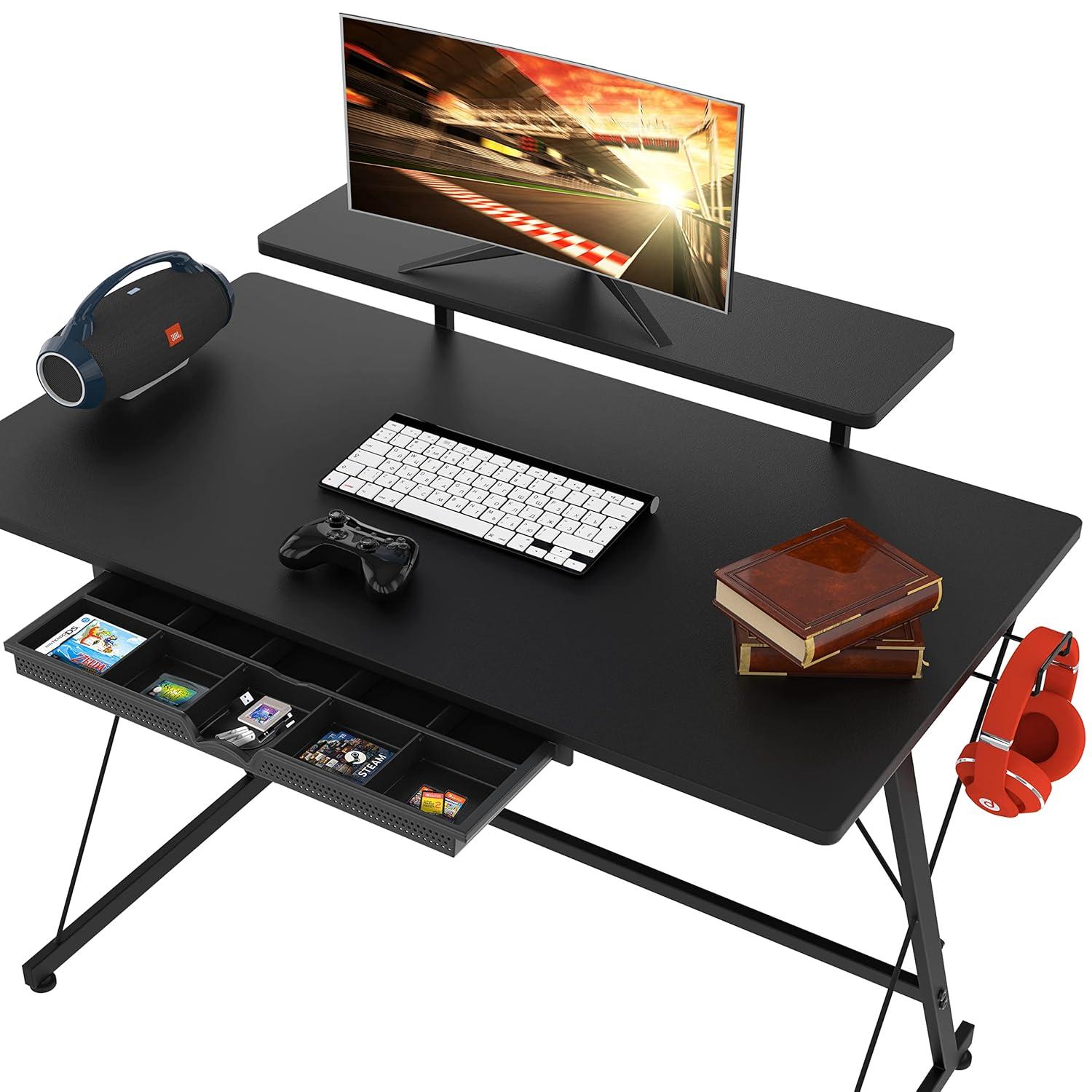 SHW 40-Inch Gaming Desk with Monitor Riser, Drawer and Hooks, Black