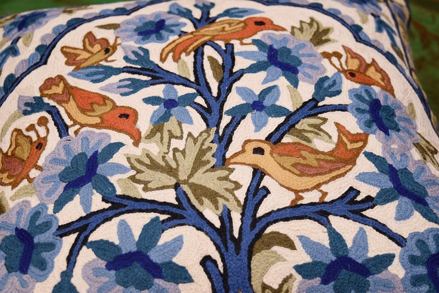 Teal Blue Embroidered Cotton Euro Pillowcase with Birds