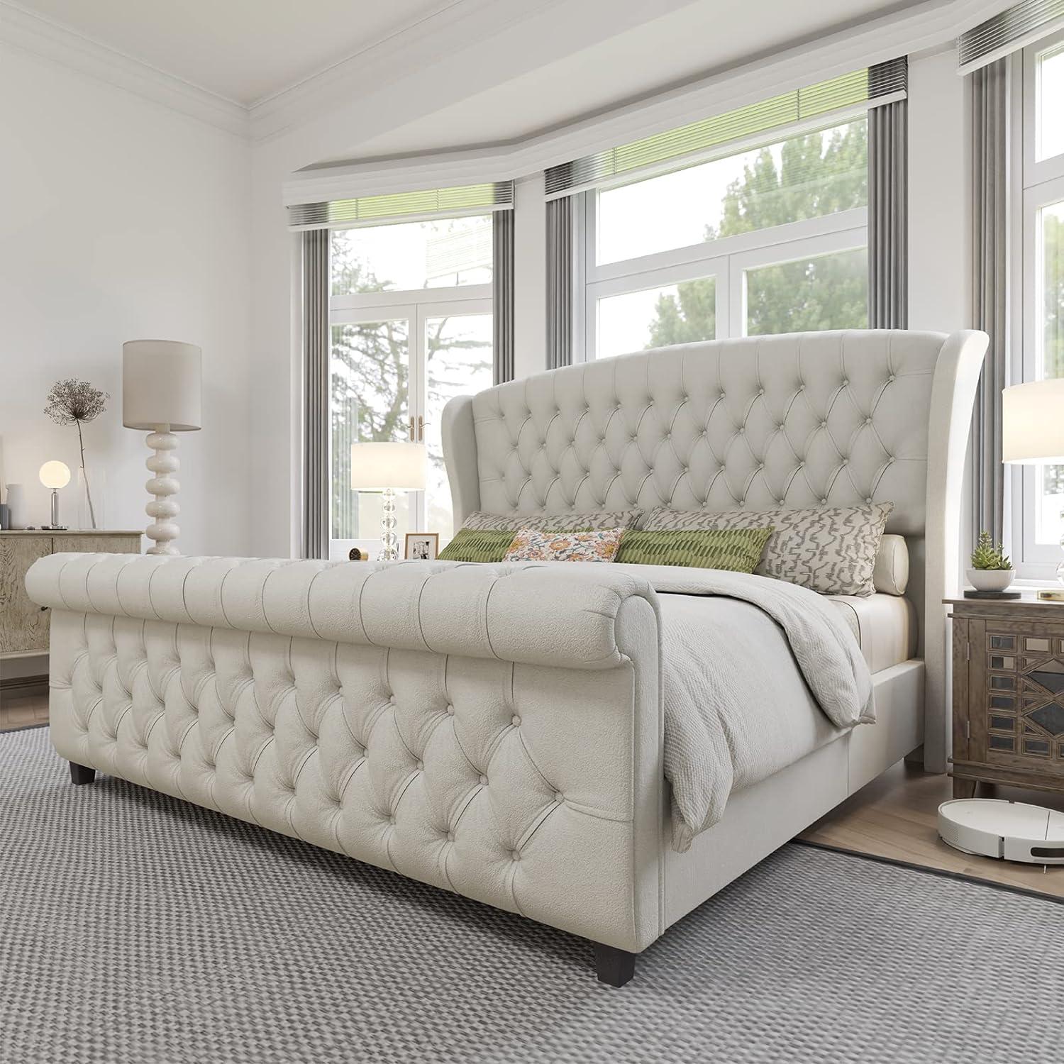 Dulane Chenille / Velvet Upholstered Sleigh Bed with Scroll Wingback Headboard