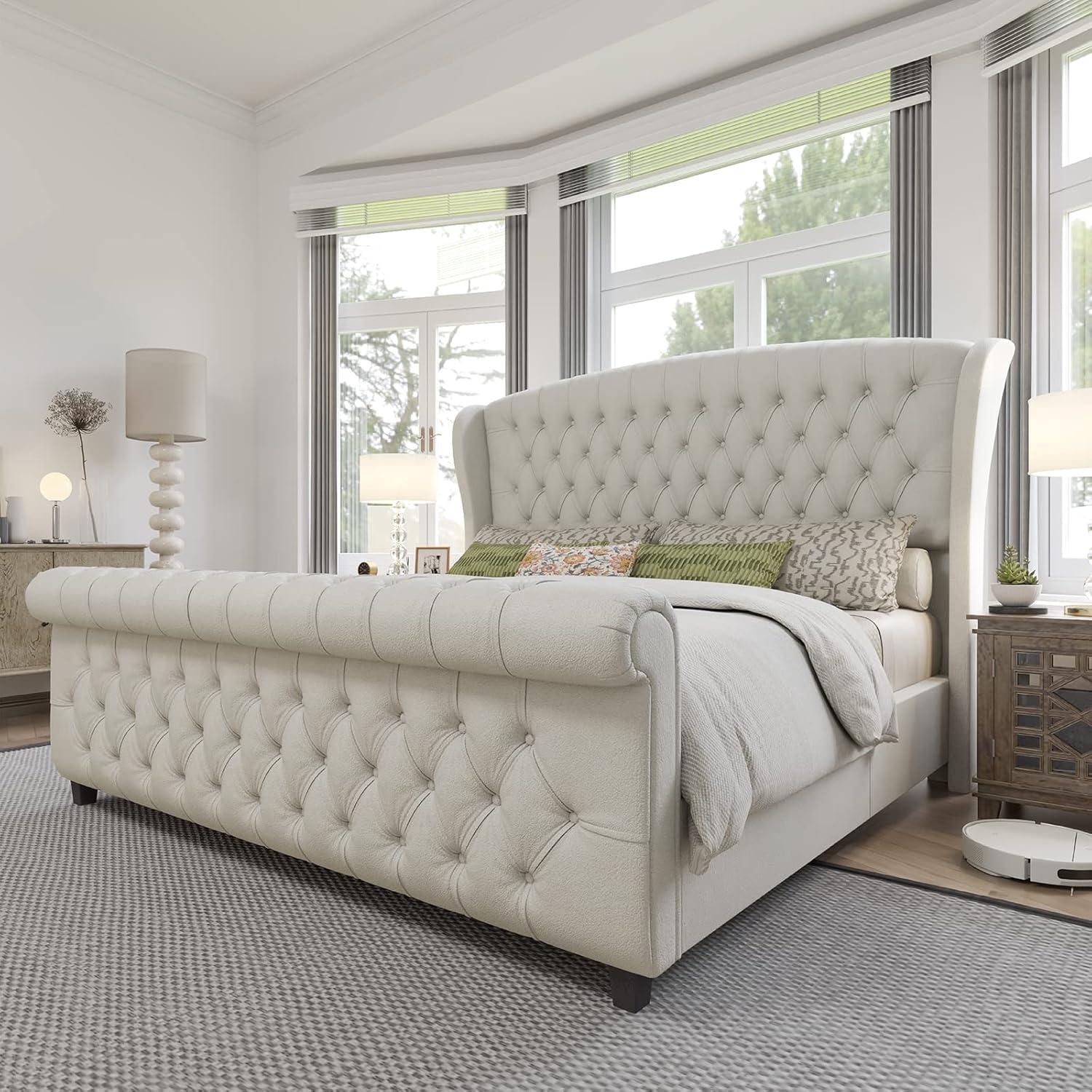 Dulane Chenille Upholstered Sleigh Bed with Scroll Wingback Headboard