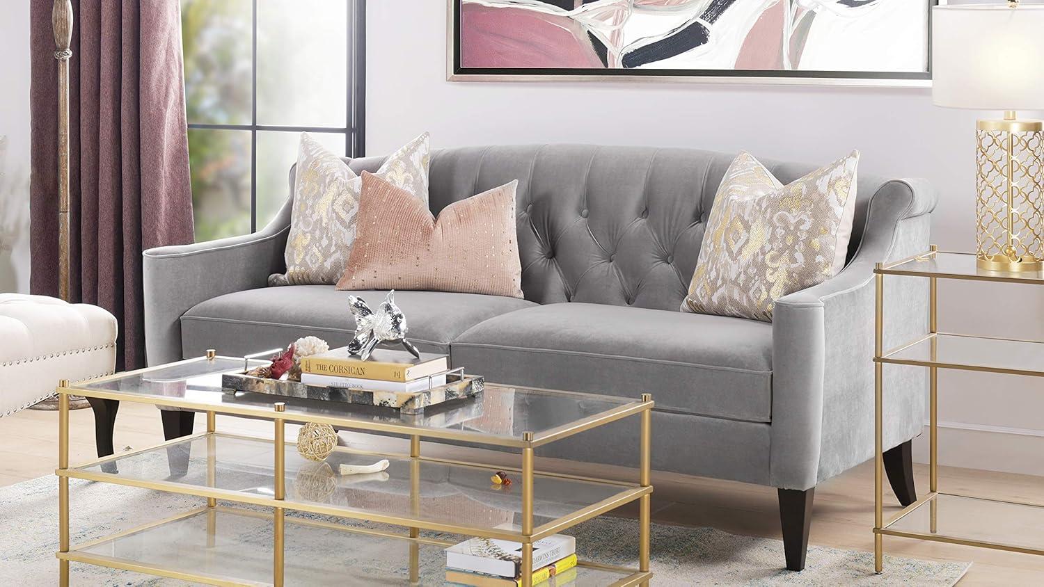 Opal Grey Tufted Velvet Sofa with Rolled Arms