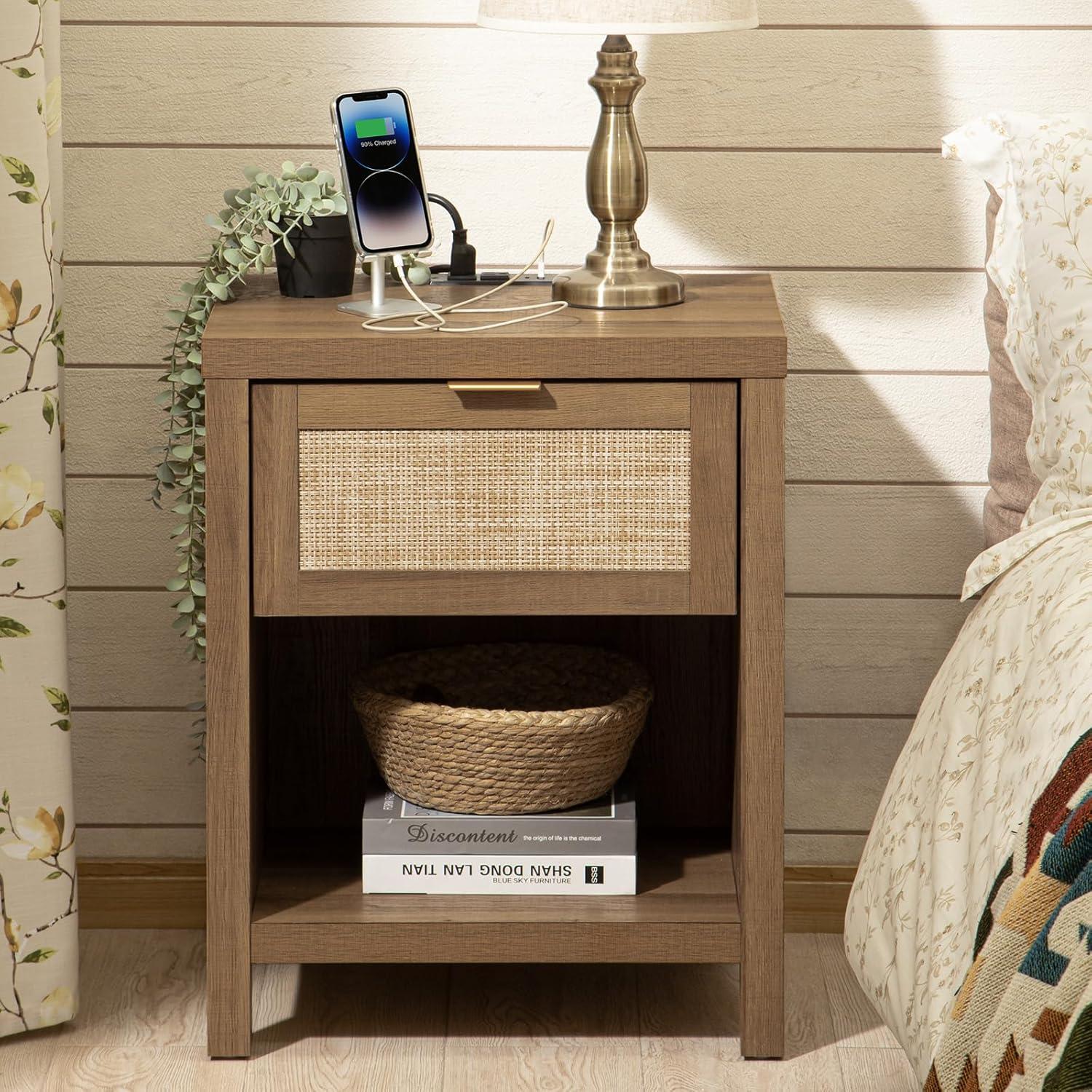 SICOTAS Rattan Nightstands Set of 2 - Farmhouse Night Stand with Drawer and Storage Shelf - Boho Bedside Table End Side Table for Bedroom, Oak