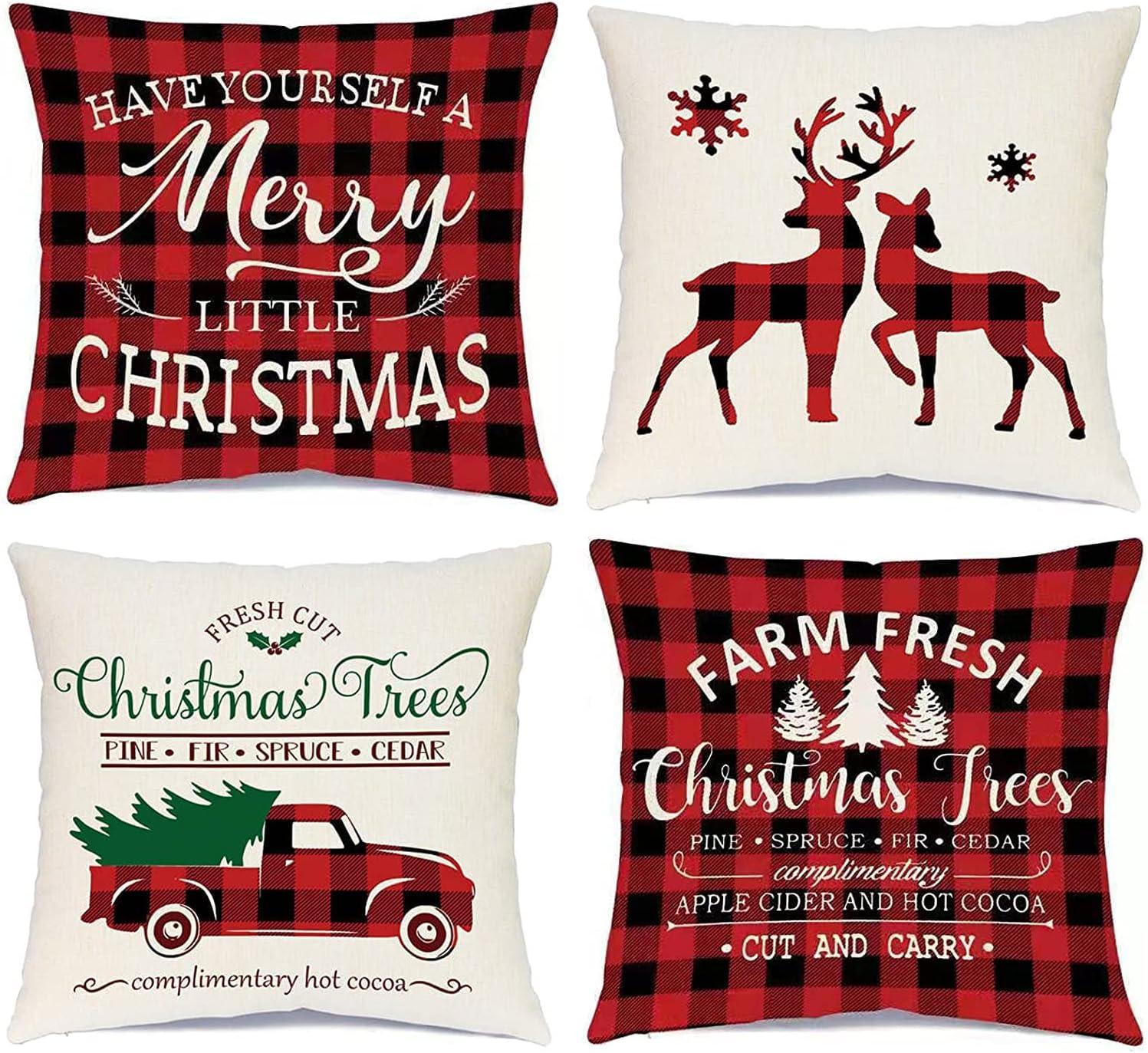 BEAUTY Merry Christmas Throw Pillow Covers 18 x 18 Inch Set of 4  Red Barn Merry & Bright Xmas Farmhouse Holiday Pillowcases for Home Outdoor Decoration CP053-18