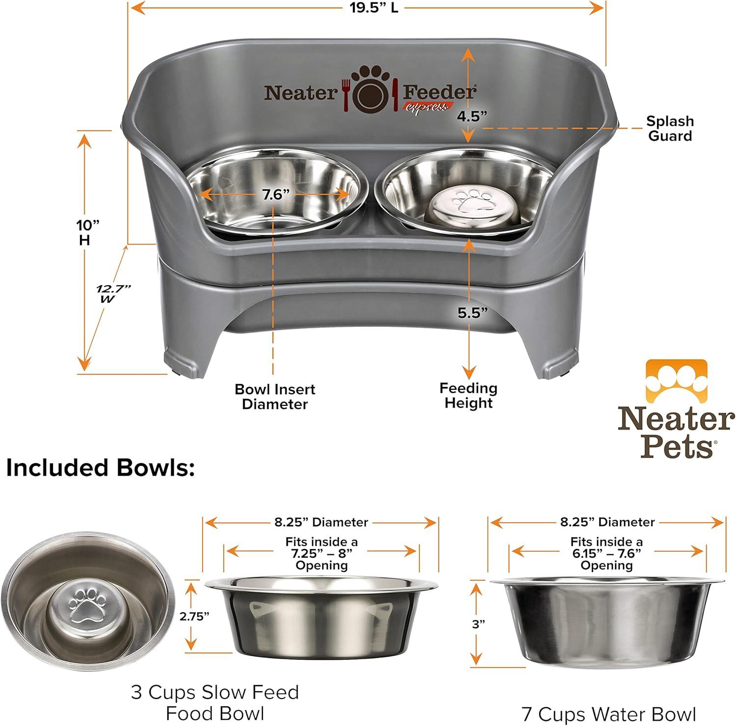 Gray Elevated Stainless Steel Pet Feeder with Slow Feed Bowl