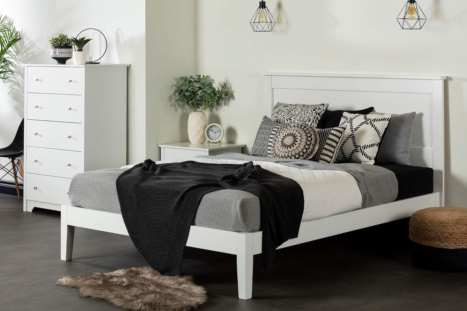 Pure White Solid Wood Queen Platform Bed with Upholstered Slats