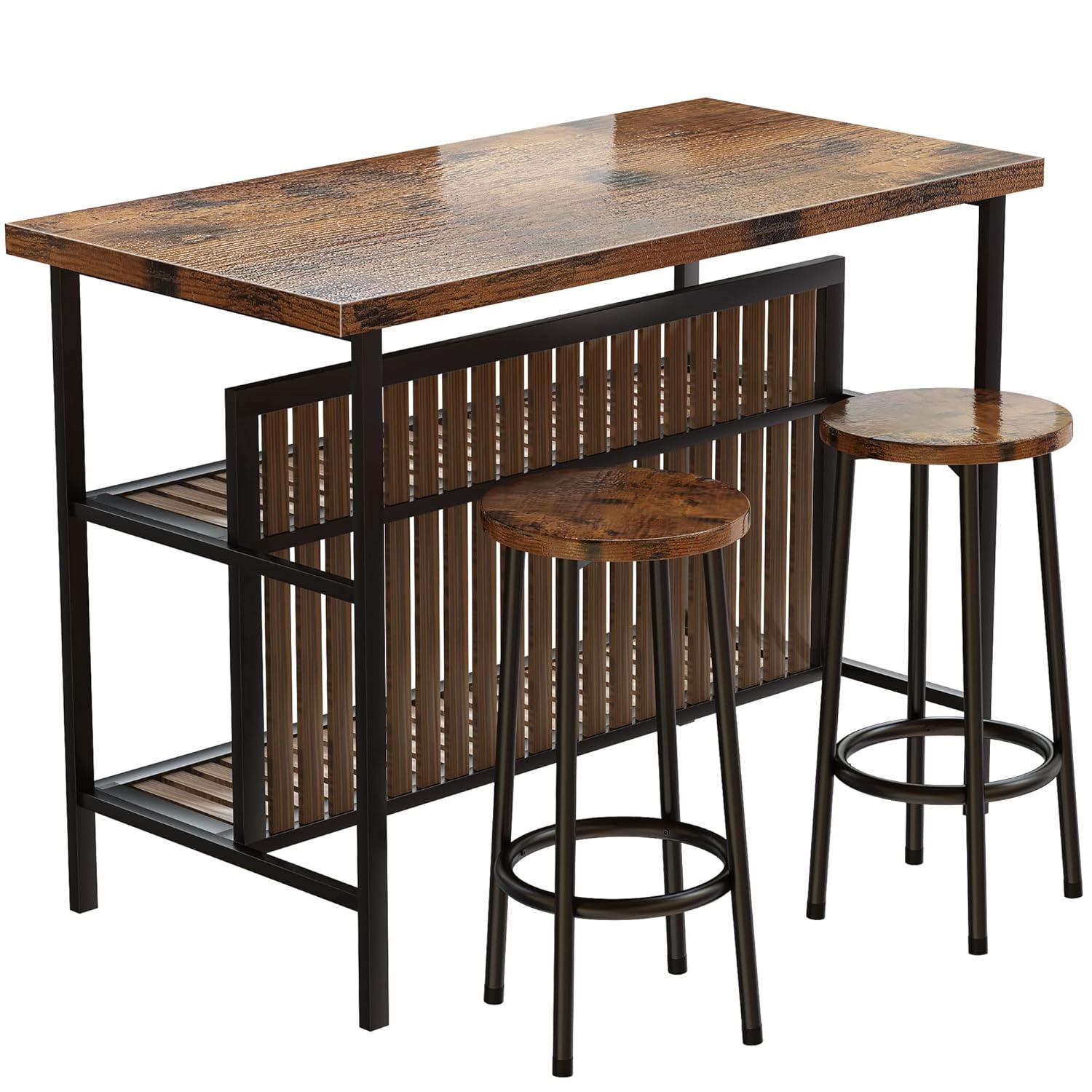 DKLGG Kitchen Island with Storage, 3 Piece Dining Table Set with 2 Tier Storage Shelves, Bar Table with Barstool, Sturdy Island Table with Chairs for Restaurant, Living Room