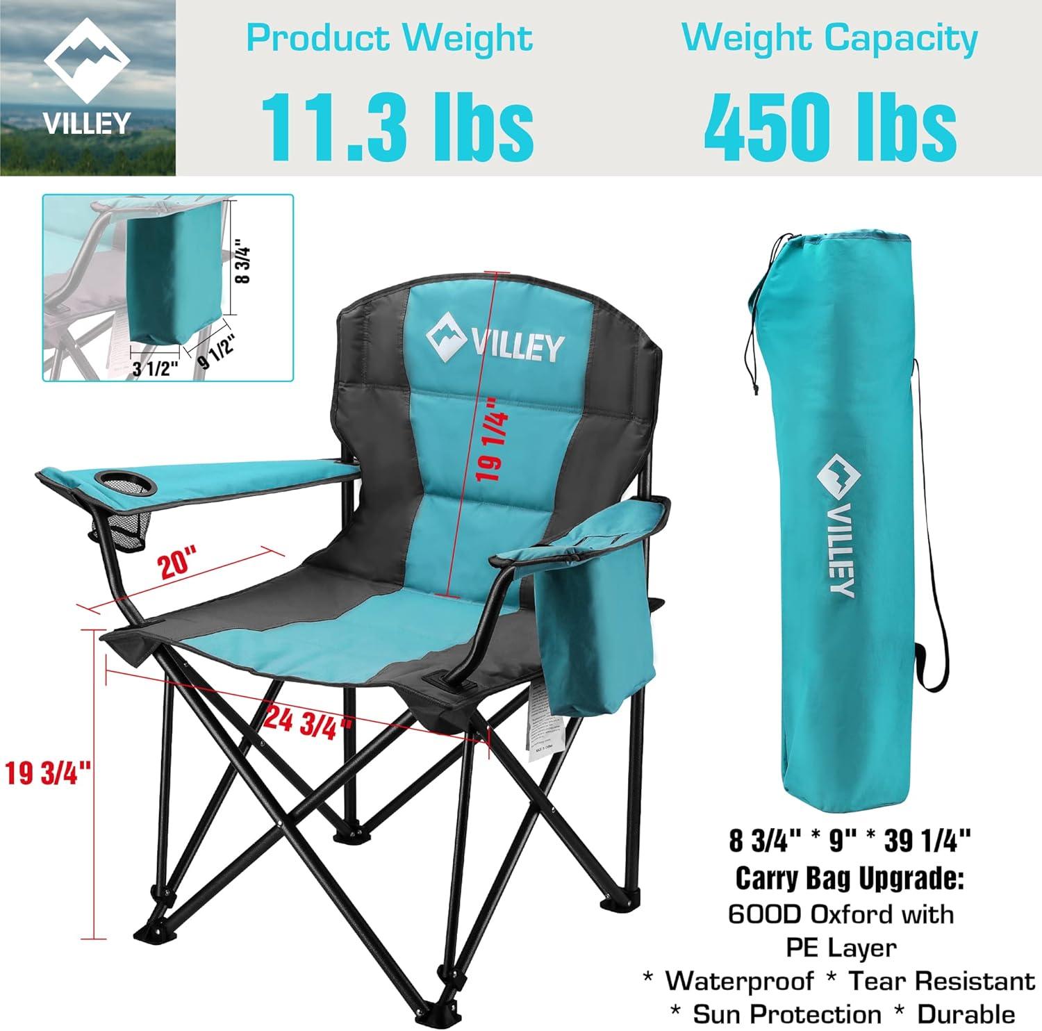 VILLEY Oversized Camping Chair, Heavy Duty Support 450 lbs, Folding Camp Chair, Portable Outdoor Chairs with Padded Seats, Cooler Bag, Cup Holder, Carry Bag for Camping, Lawn, Beach, Hiking, Blue