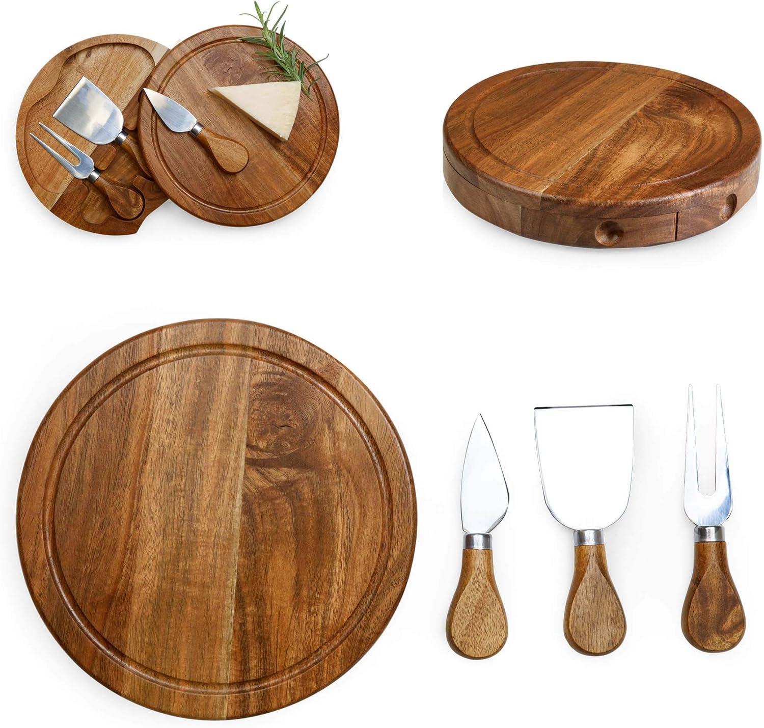 Acacia Round Cheese Board Set - Picnic Time: Charcuterie & Cutting Board, Lightweight Acacia, 7.5" Brown