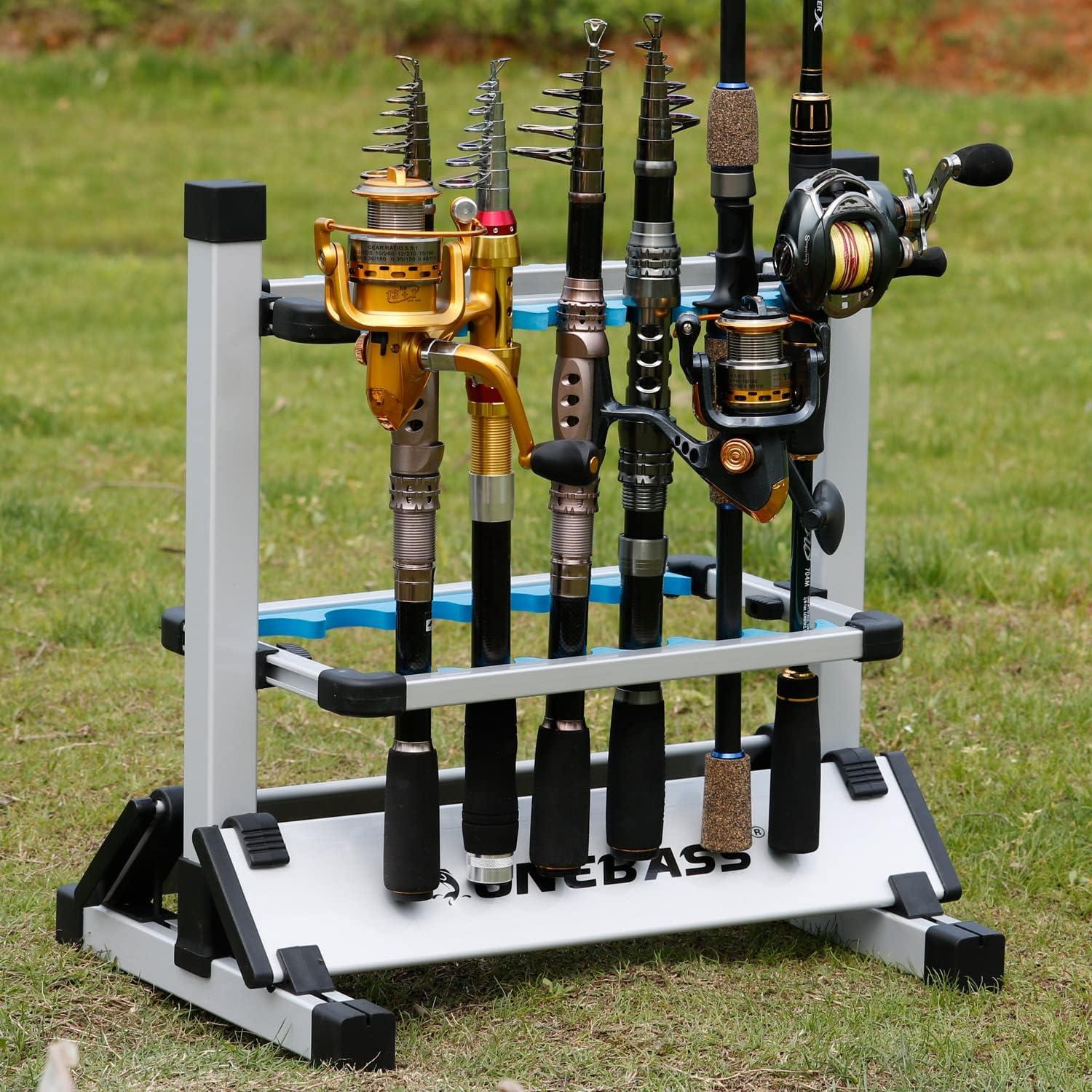 One Bass Fishing Rod Rack Metal Aluminum Alloy Fishing Rod Holder Portable Rod Organizer for All Type Fishing Pole, Hold Up to 12 Rods