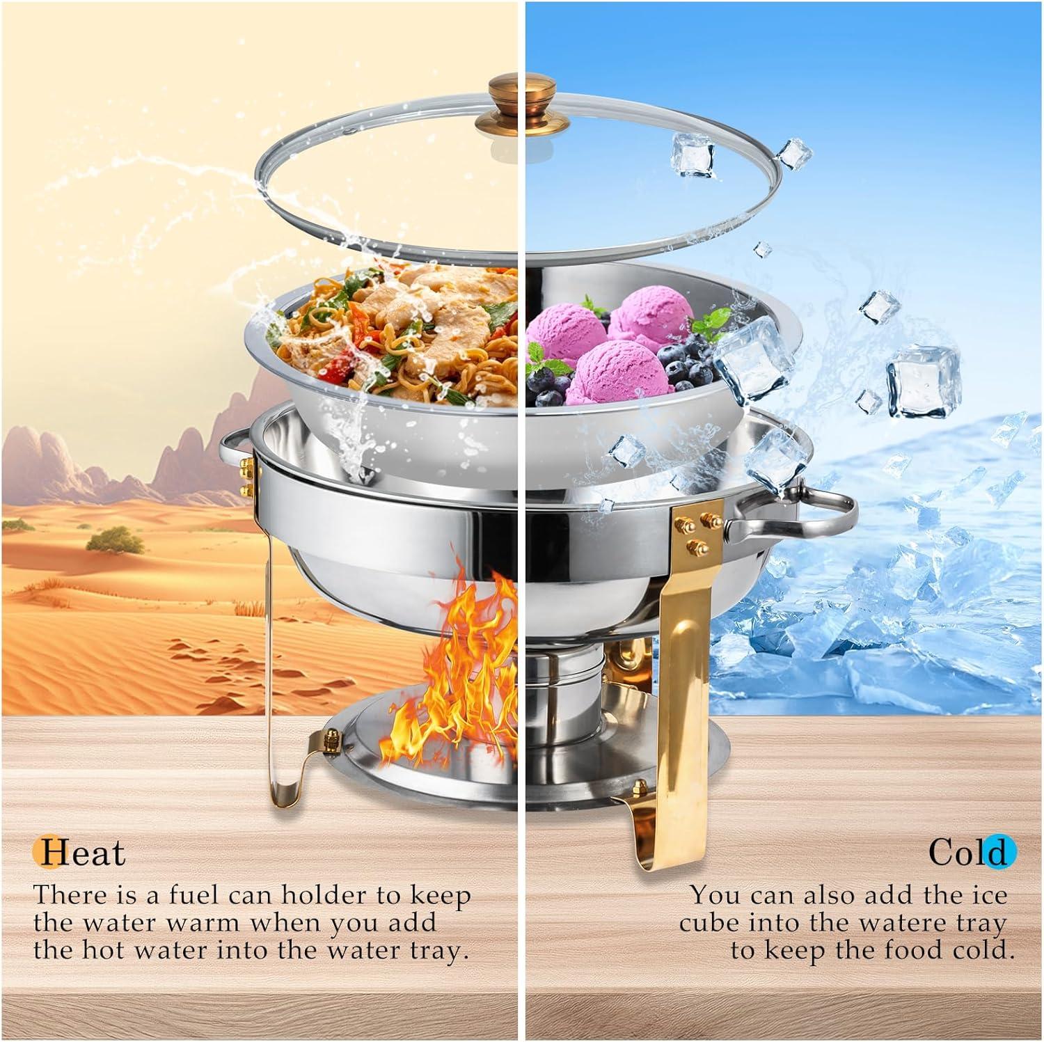 WhizMax Chafing Dish Buffet Set 2 Pack 5QT, Stainless Steel Round Chafing Dishes for Buffet with Lid Holder & Glass Lid, Gold