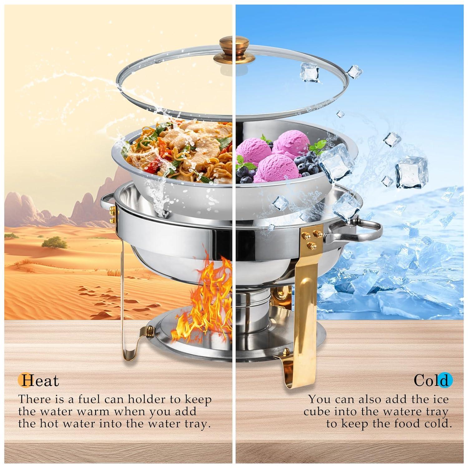 WhizMax Chafing Dish Buffet Set 2 Pack 5QT, Stainless Steel Round Chafing Dishes for Buffet with Lid Holder & Glass Lid, Gold