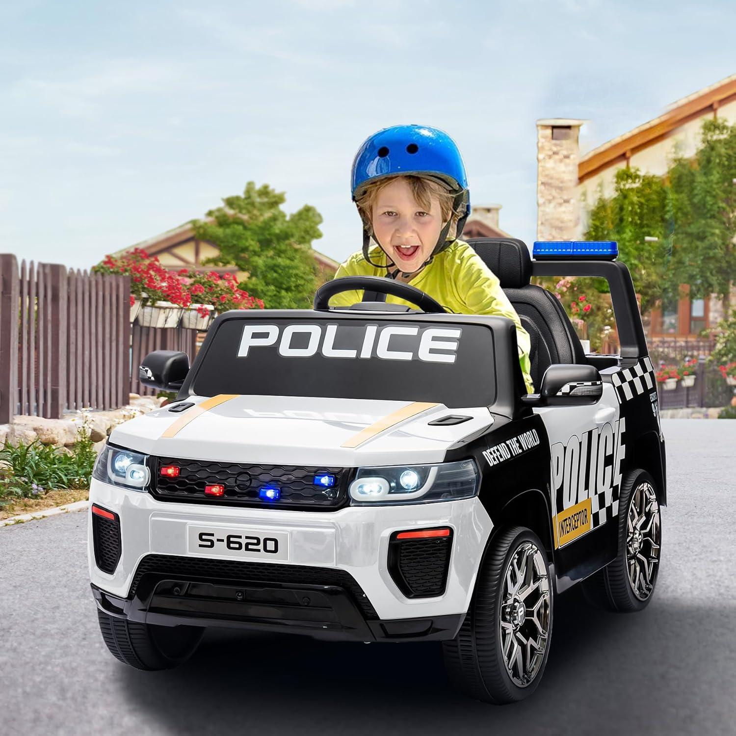 HOMMOW Kids Ride on Police Car, 12V 4AH Battery Powered Kids Ride on Toy with Remote Control, Flashing Lights and Music, White