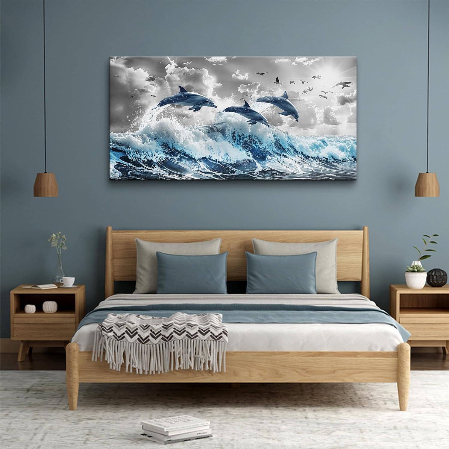 Chilfamy Wall Decorations For Living Room Canvas Wall Art For Bedroom Blue Waves Of The Sea Wall Pictures Artwork Office Canvas Art Print Dolphins Wall Paintings Ready To Hang Home Decor 20x16 Inch