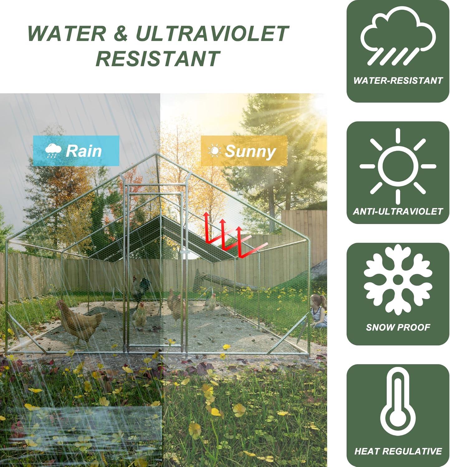 Outdoor Metal Chicken Coop Large Walk-in Poultry Cage Spire-Shaped Chicken Run with Waterproof and Anti-Ultraviolet Cover for Outside,Backyard and Farm ,13' L x 9.8' W x 6.4' H