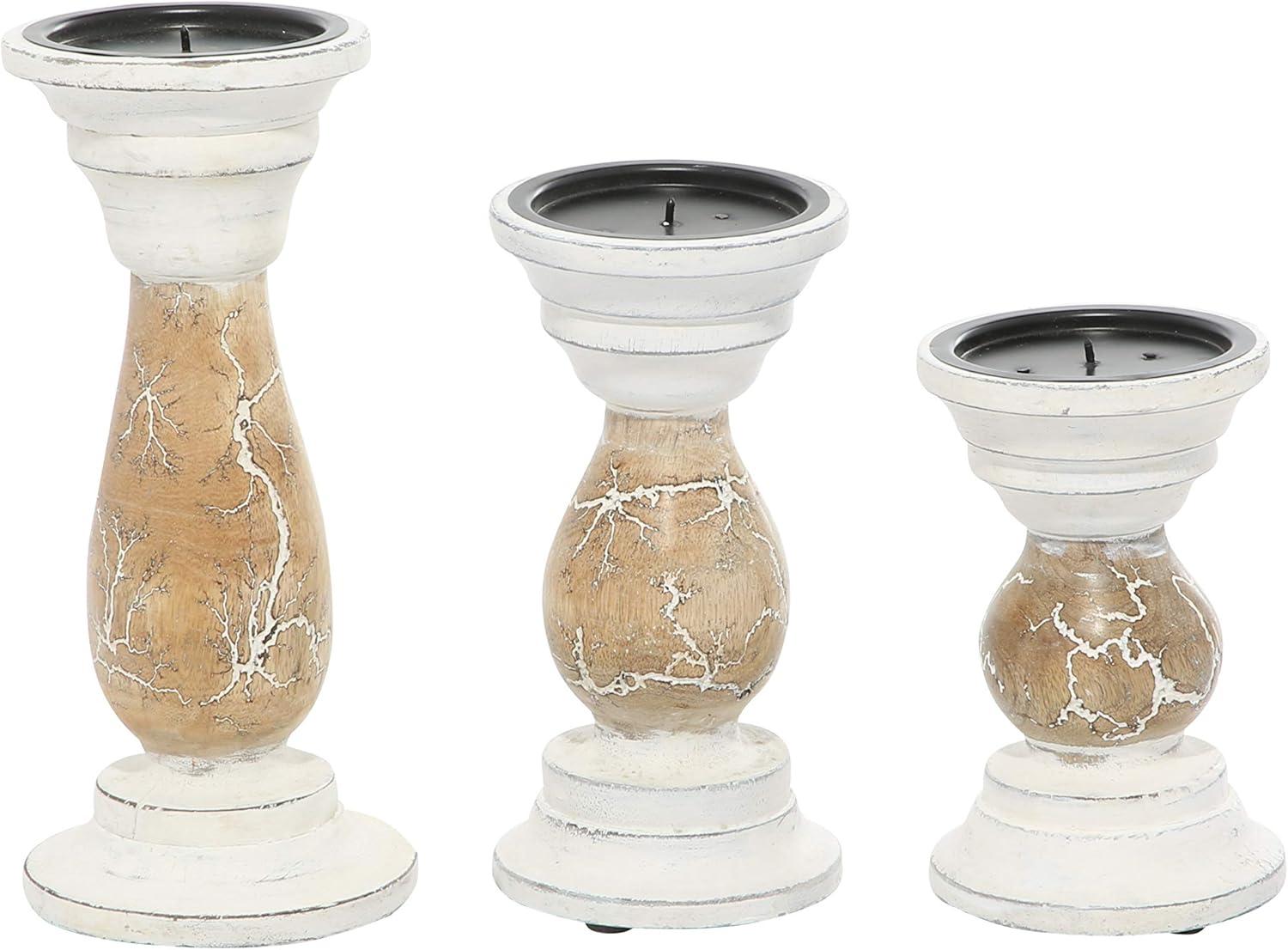 DecMode 3 Candle Beige Wood Candle Holder, Set of 3