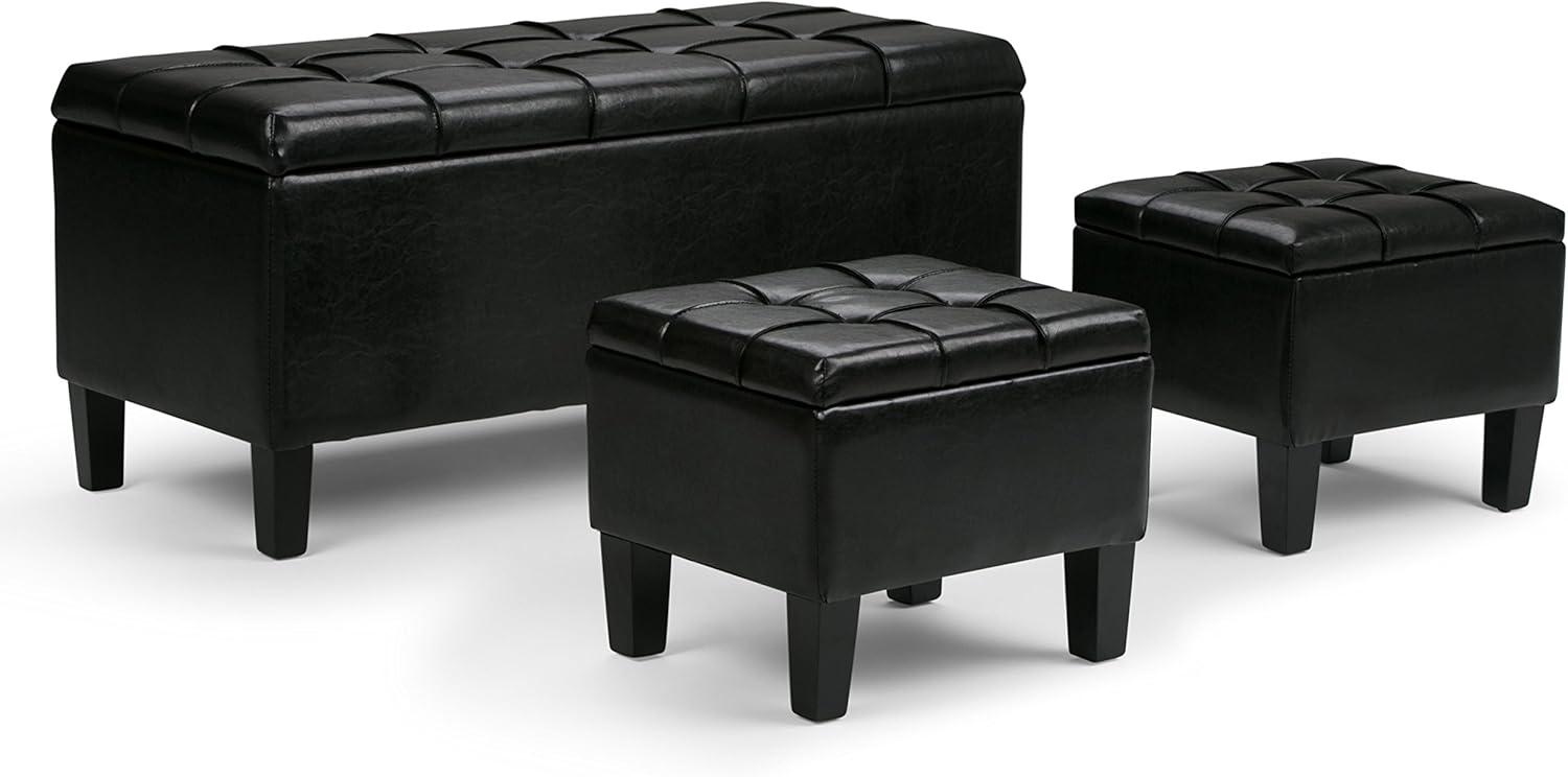 Dover Midnight Black Faux Leather 3-Piece Storage Ottoman Set