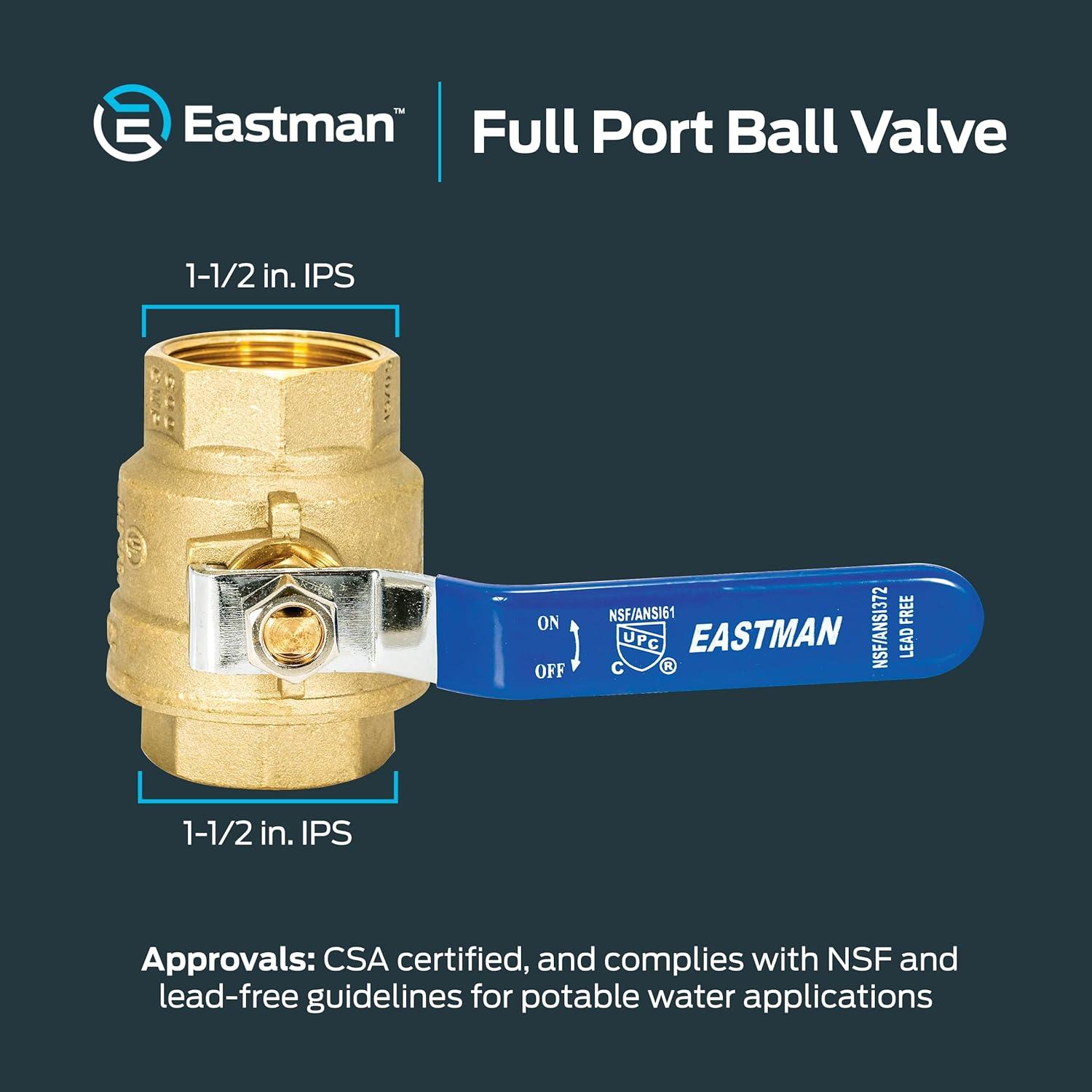 Eastman 20053LF Válvula de Bola de Puerto Completo de Alta Resistencia, IPS de 1-1/2 Pulgadas, Latón