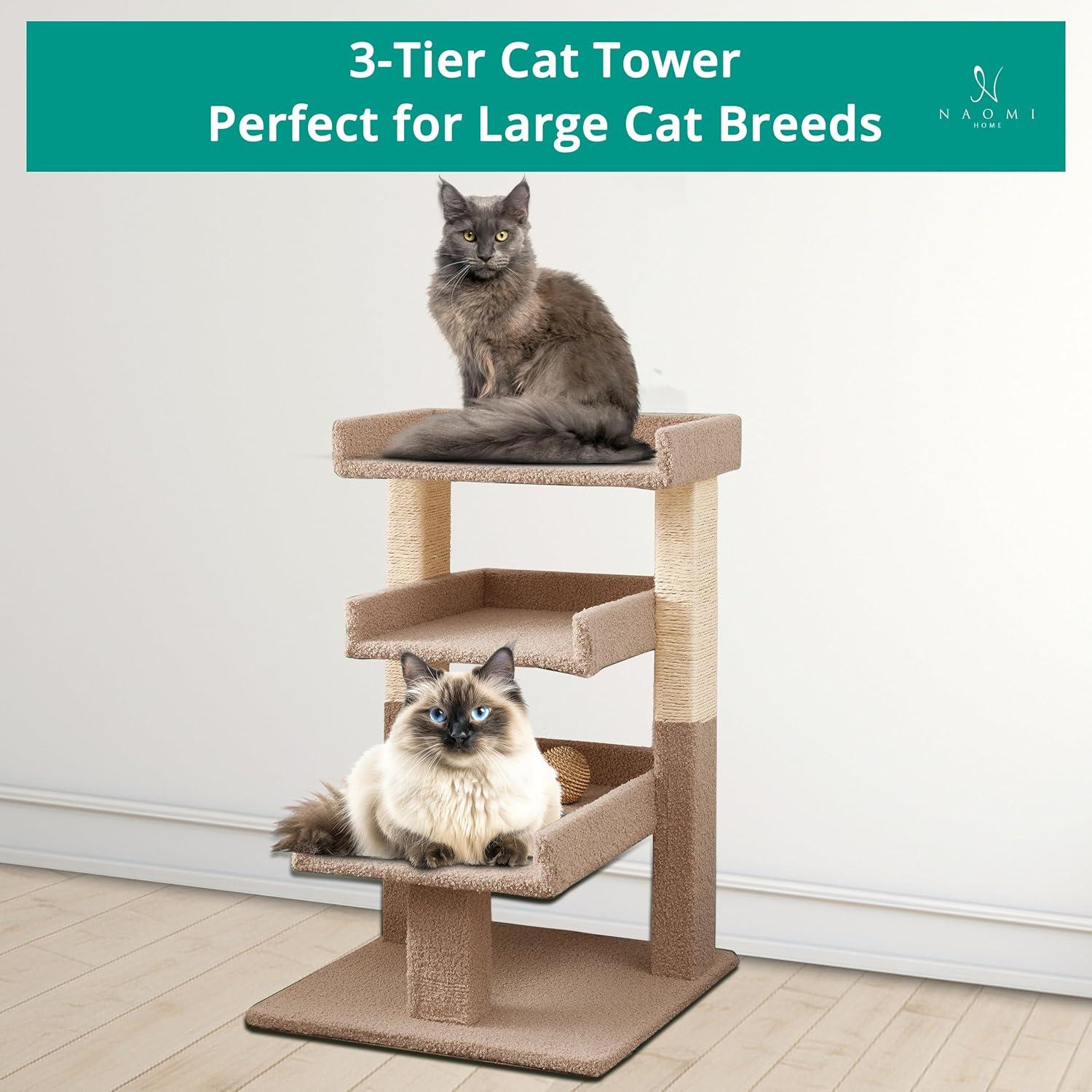 Nala 3-Tier Cat Tree Tower for Indoor Cats – Large Cat Tower & Cat Condo for Large Cats | Cat Tree House & Cat Castle for Multi-Cat Homes - Beige