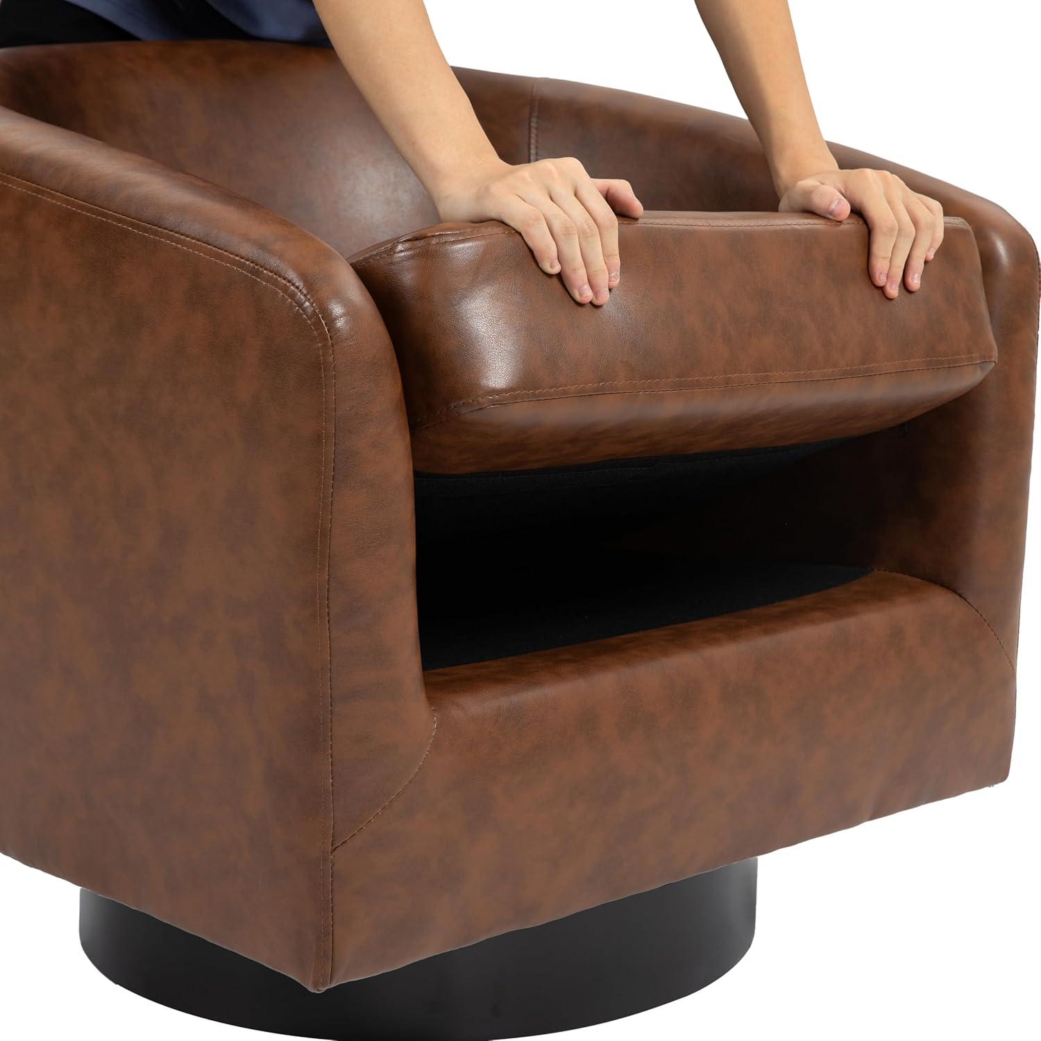 Brown Faux Leather Swivel Barrel Accent Chairs Set of 2