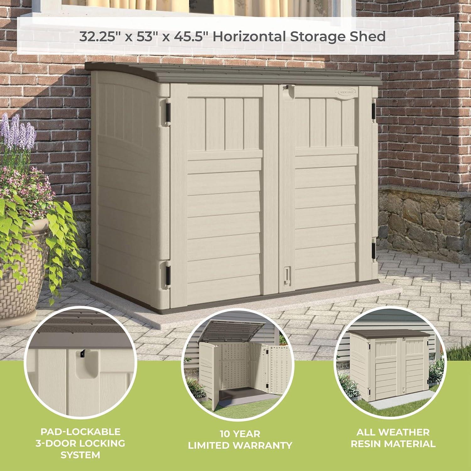 Suncast 34 Cubic Feet Capacity Horizontal Outdoor Storage Shed  for Garbage Cans, Garden Accessories, Backyard, and Patio Use, Vanilla