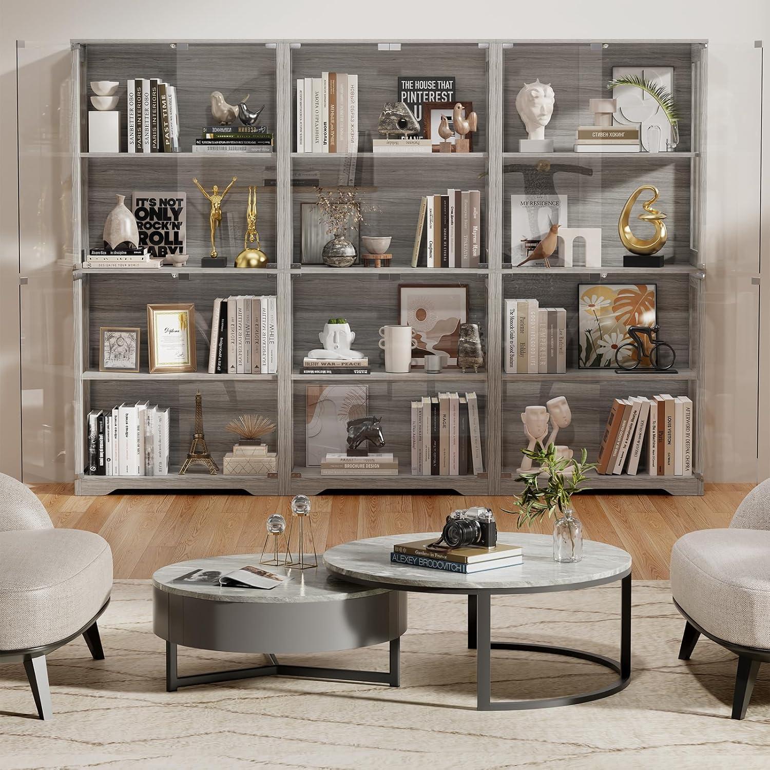 Ivy Bronx Display Cabinet with Glass Doors, 4-Tier Curio Cabinet&Bookcase with 3 Color Light for Collectibles