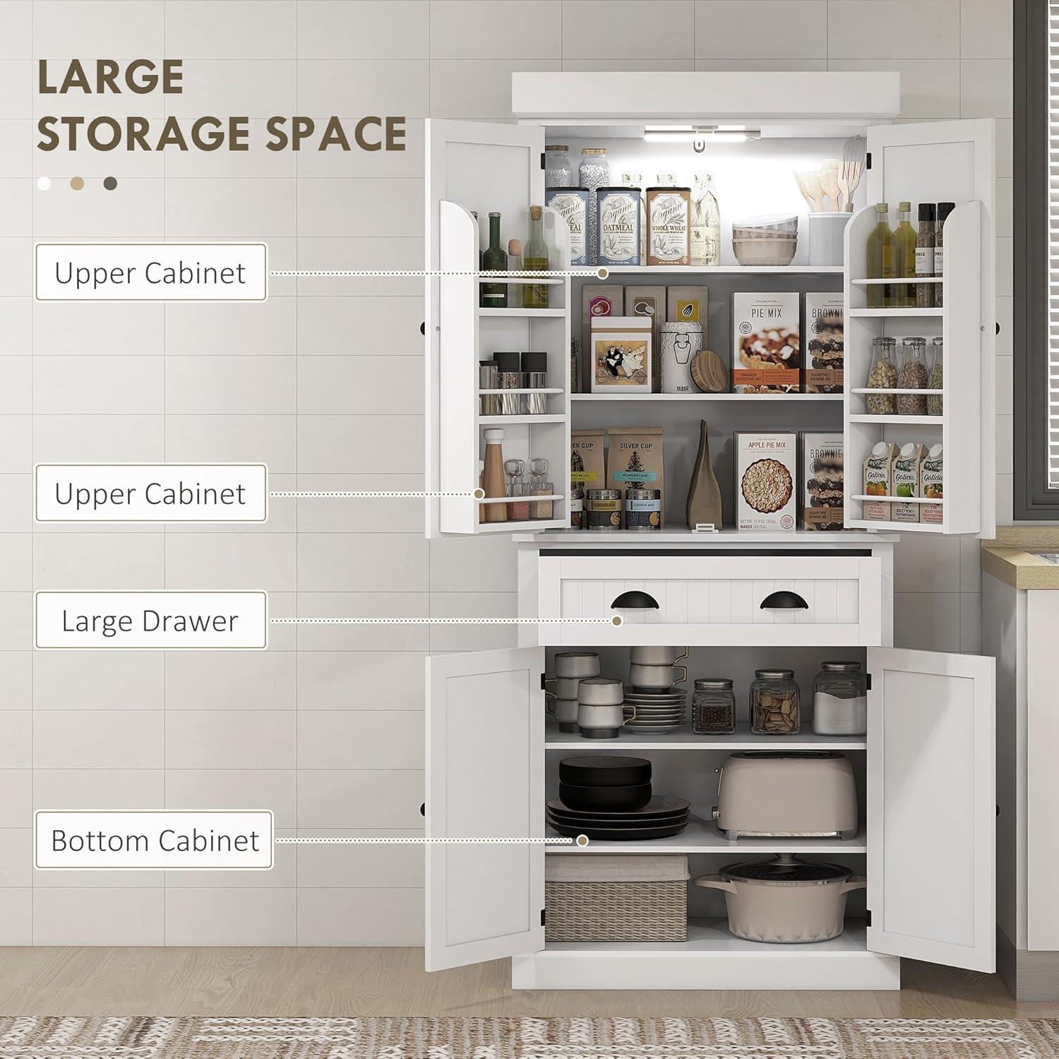 HOMCOM 71" LED Kitchen Pantry Cabinet, Tall Storage Cabinet with 6 Door Shelves, a Drawer and 4 Adjustable Shelves, White