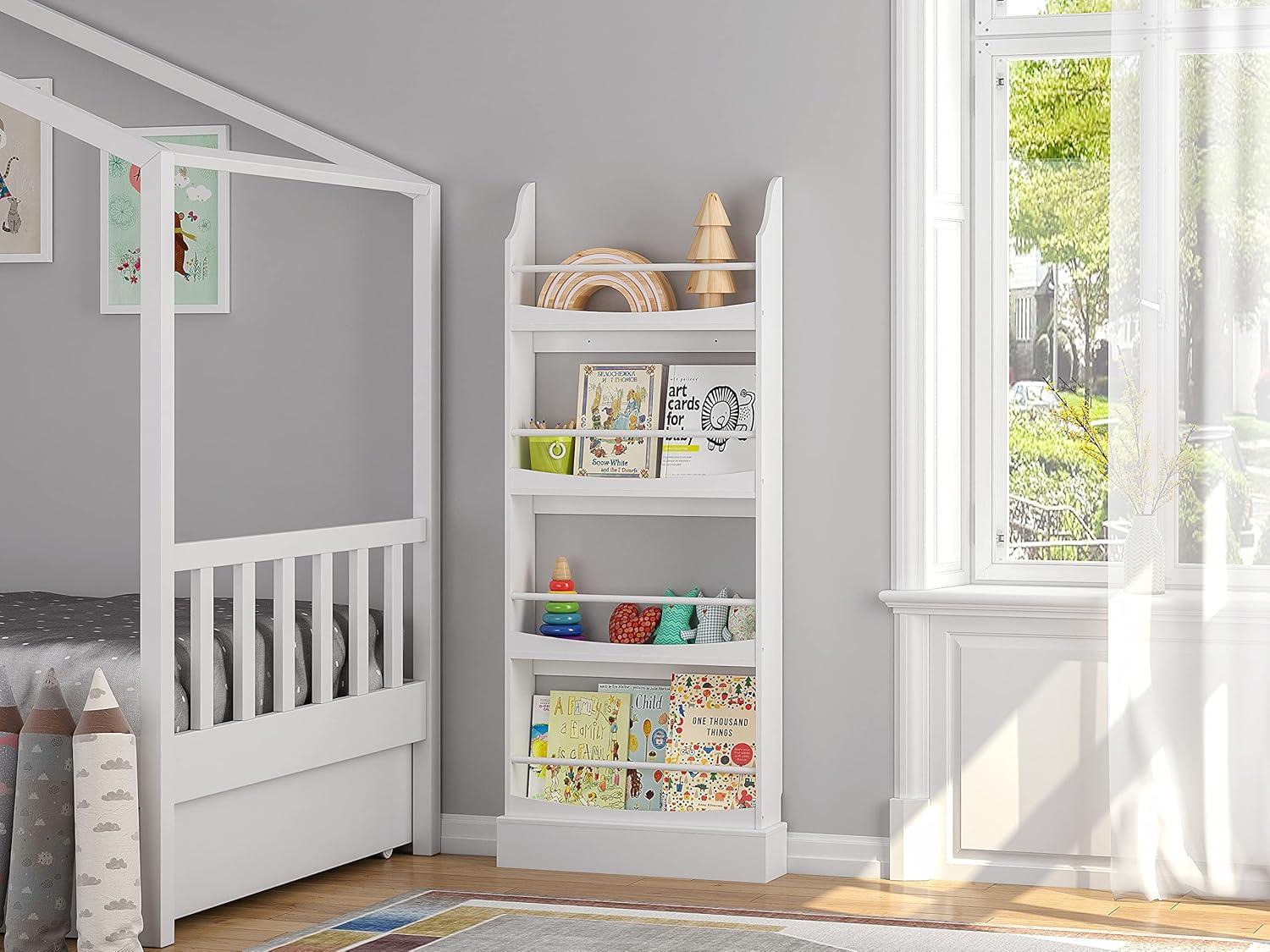 UTEX Kids Bookshelf Wall Mounted, Bookshelf Organizer and Storage Free Standing Against The Wall,Kid’s Book Rack Storage, 4-Shelf Tall Bookcase Organizer 23.5”W X 5.9”D X57.48”H (White)