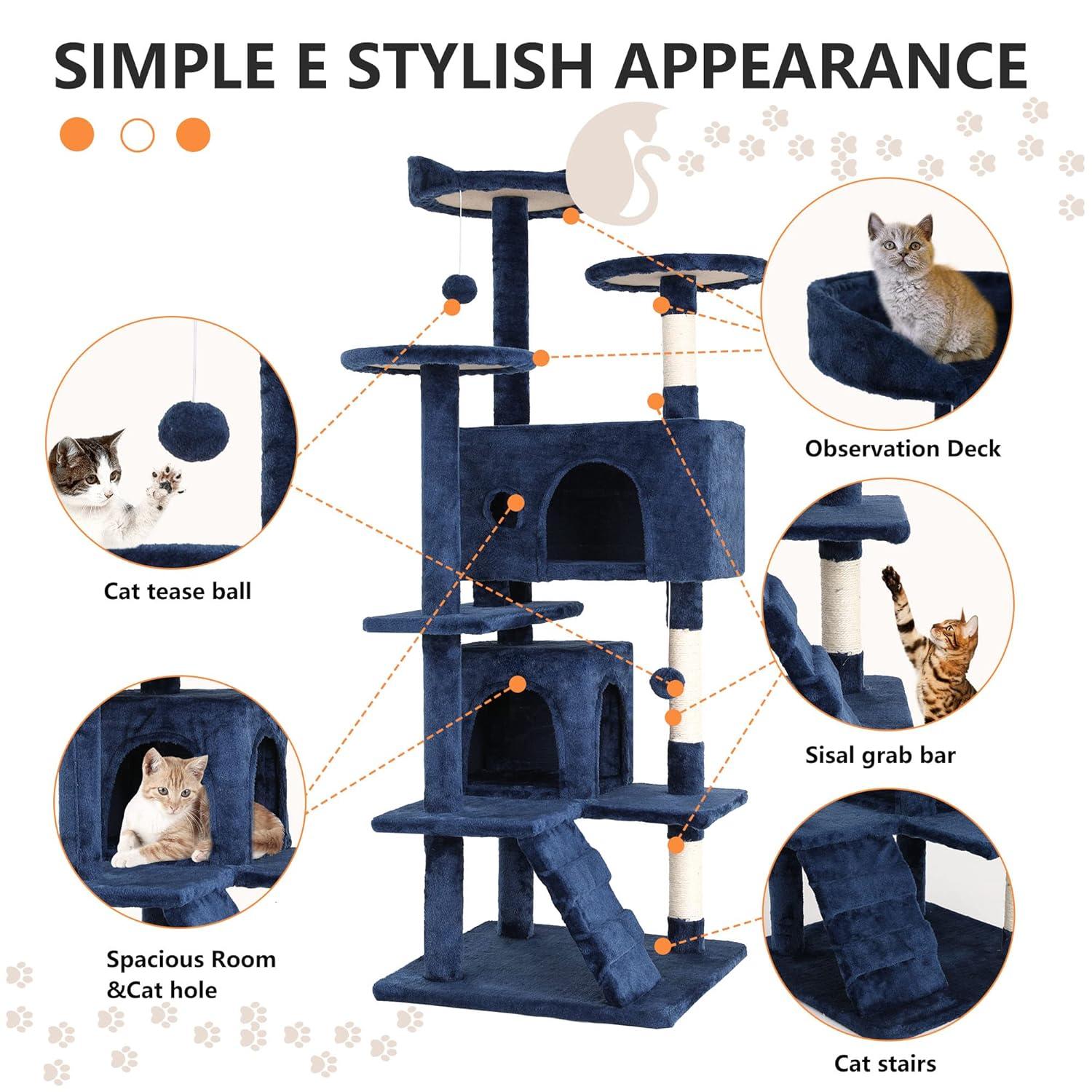 FDW 54in Cat Tree Tower Multi-Level Scratching Post & Play House for Indoor Cats/Kittens, Navy Blue