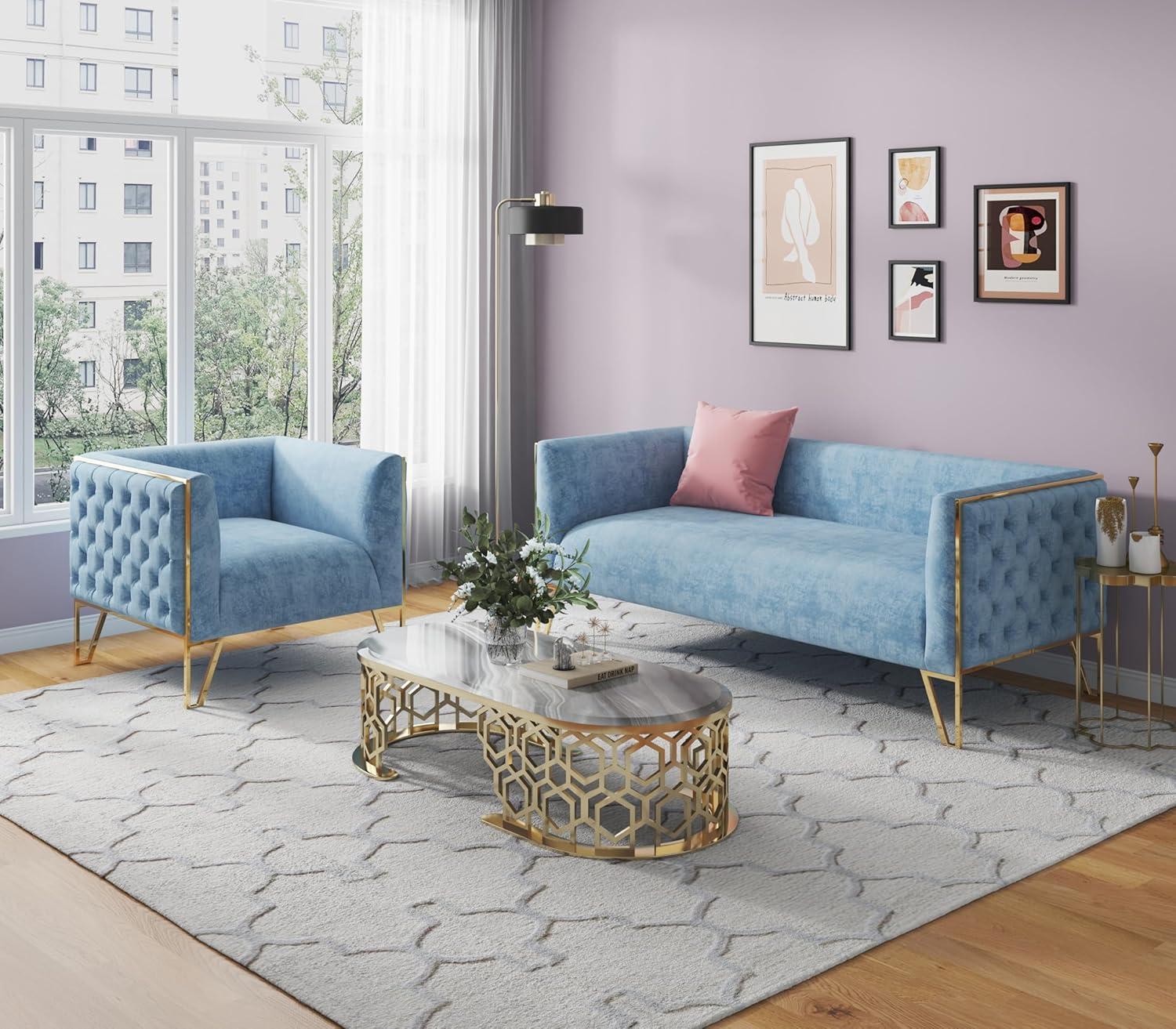Vector Velvet 3 Seater Sofa Ocean Blue - Manhattan Comfort
