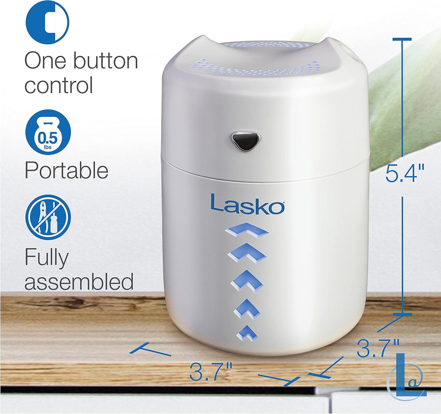 Lasko Ultrasonic Cool Mist Personal Humidifier, 0.4 Liter, Portable Home Water Vaporizer and Air Purifier for Bedroom and Small Room, White