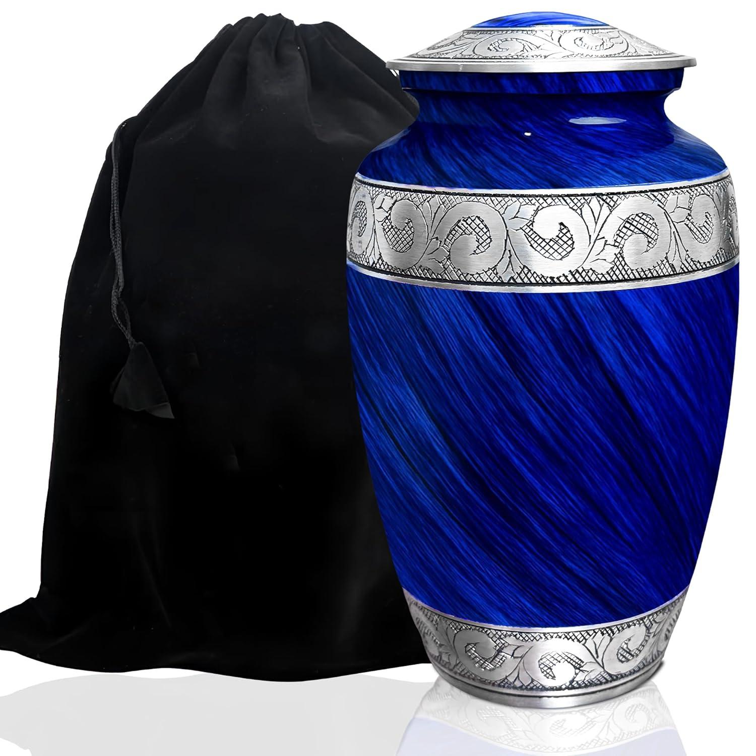 Hand-Engraved Blue Metal Urn with Necklace for Ashes