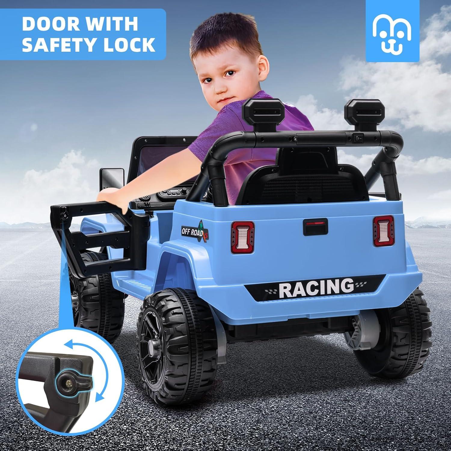 12V Kids Ride On Truck, Toddlers Battery Powered Electric Vehicle with Remote Control, Ride On Toy Car with 3 Speeds, Spring Suspension Headlight, Music for Boys Girls 3-8, Blue