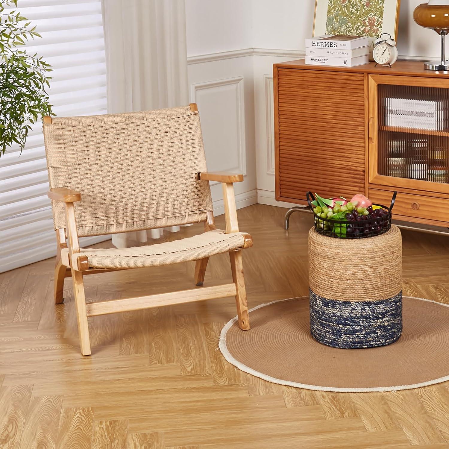 Natural and Blue Round Seagrass Pouf Ottoman