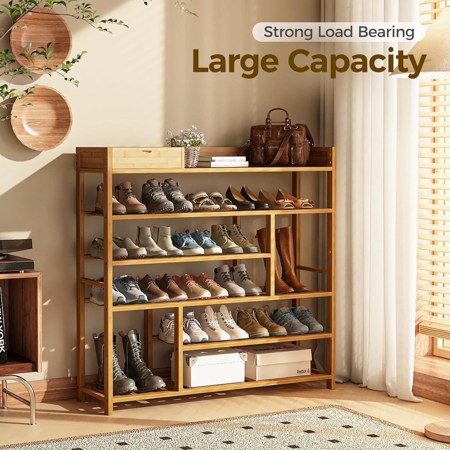 Natural Bamboo Freestanding Shoe Rack with Adjustable Shelves