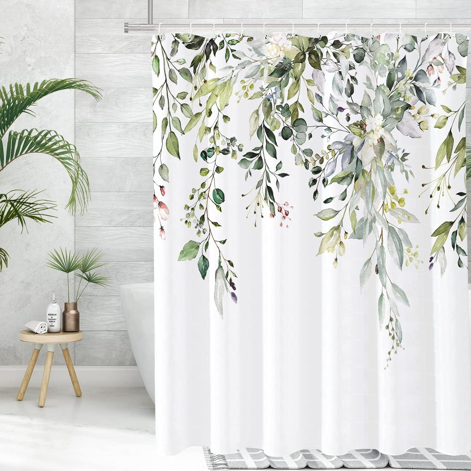 Eucalyptus Watercolor Leaves Semi-Sheer Waterproof Shower Curtain