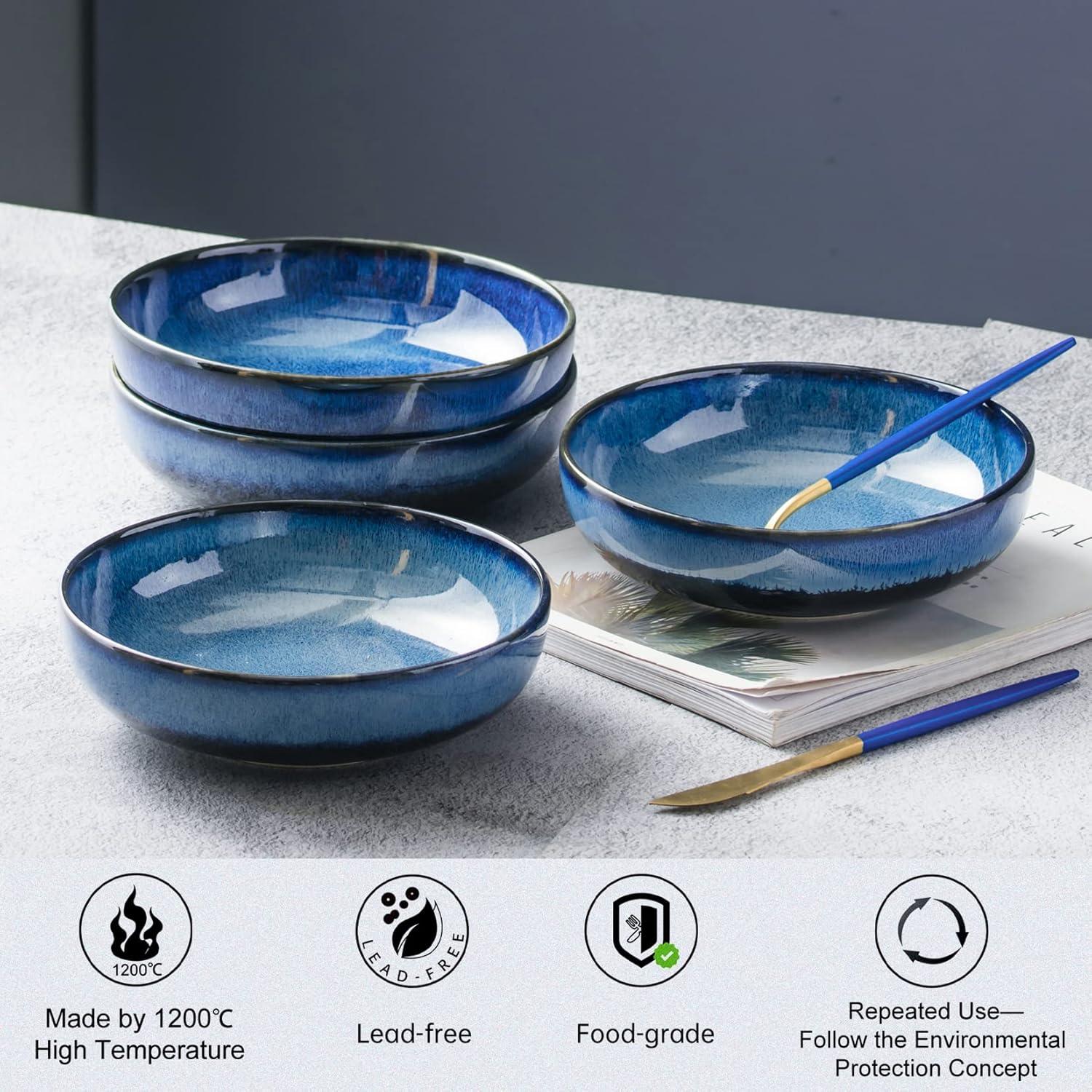 UNICASA Ceramic Salad Bowls Set of 4,Porcelain Pasta Bowls 26 oz Soup Bowl for Kitchen Reactive Glaze Dish Bowls（Blue）