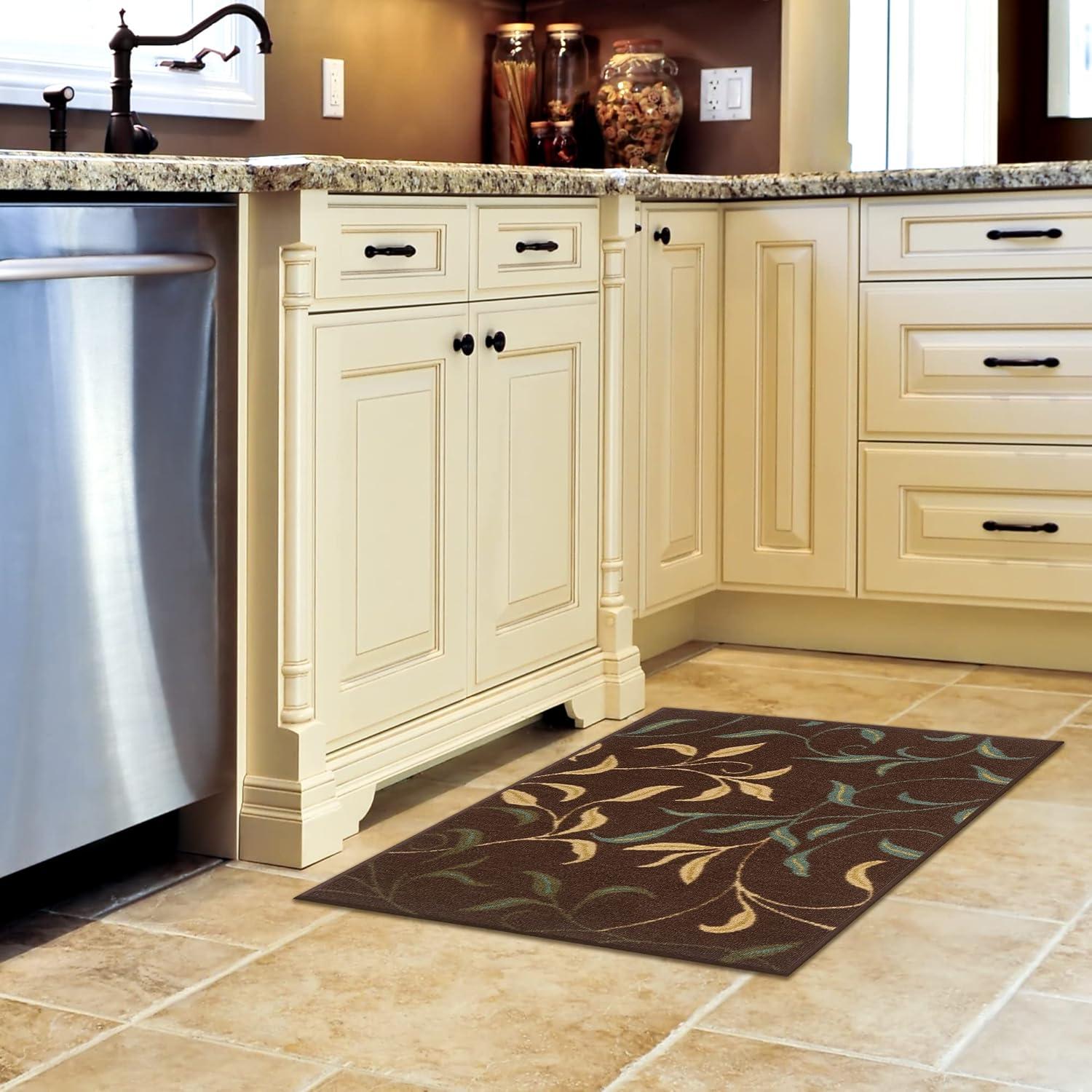 Ottohome Non-Slip Leaves Area Rug For Living Room, Hallway Runner, Entryway Rug, Brown