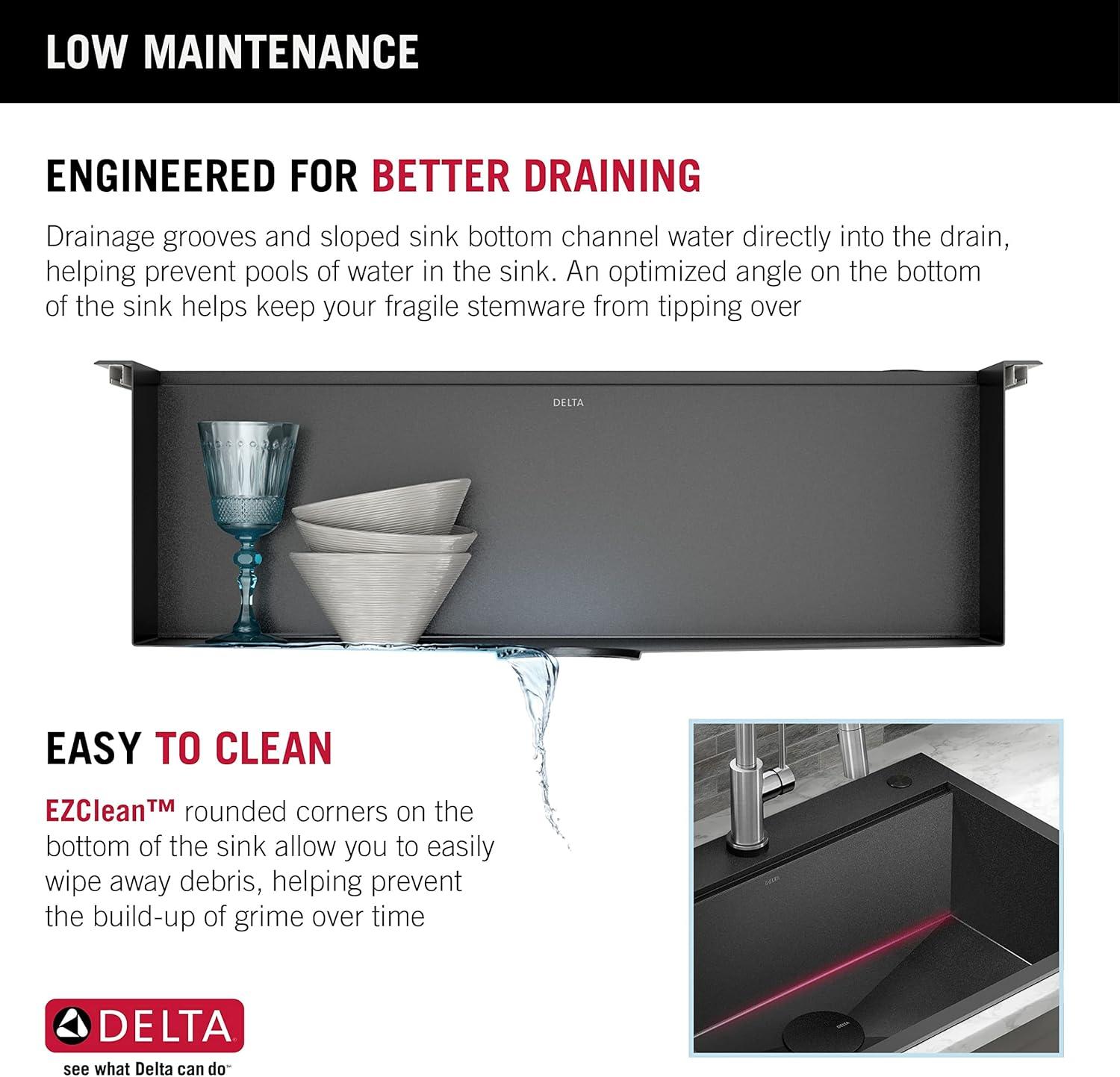 Delta Rivet™ Black Stainless Steel Drop-In Top Mount 16 Gauge Workstation Kitchen Sink Single Bowl