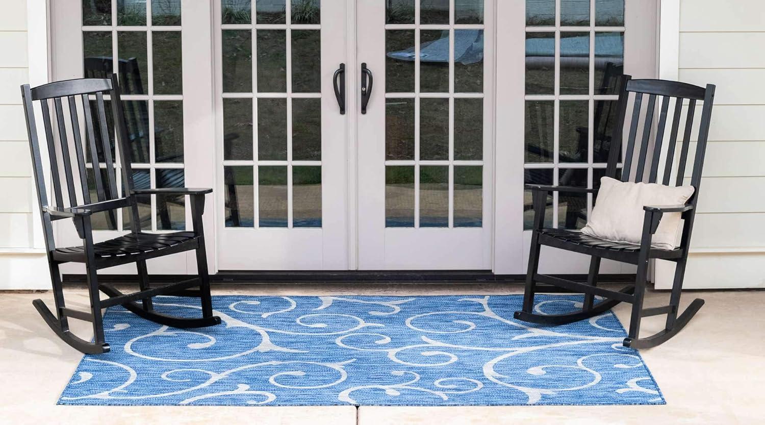 Unique Loom Outdoor Botanical Collection Area Rug - Curl (4' x 6' Rectangle Blue/Ivory)