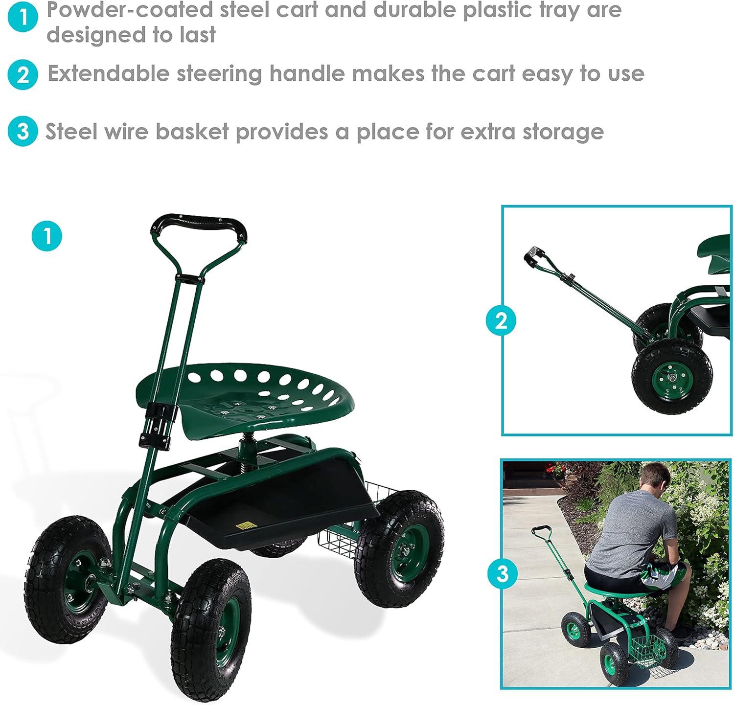 SunnyDaze Decor Steel Extendable Steering Handle Swivel Seat & Basket Garden Carts
