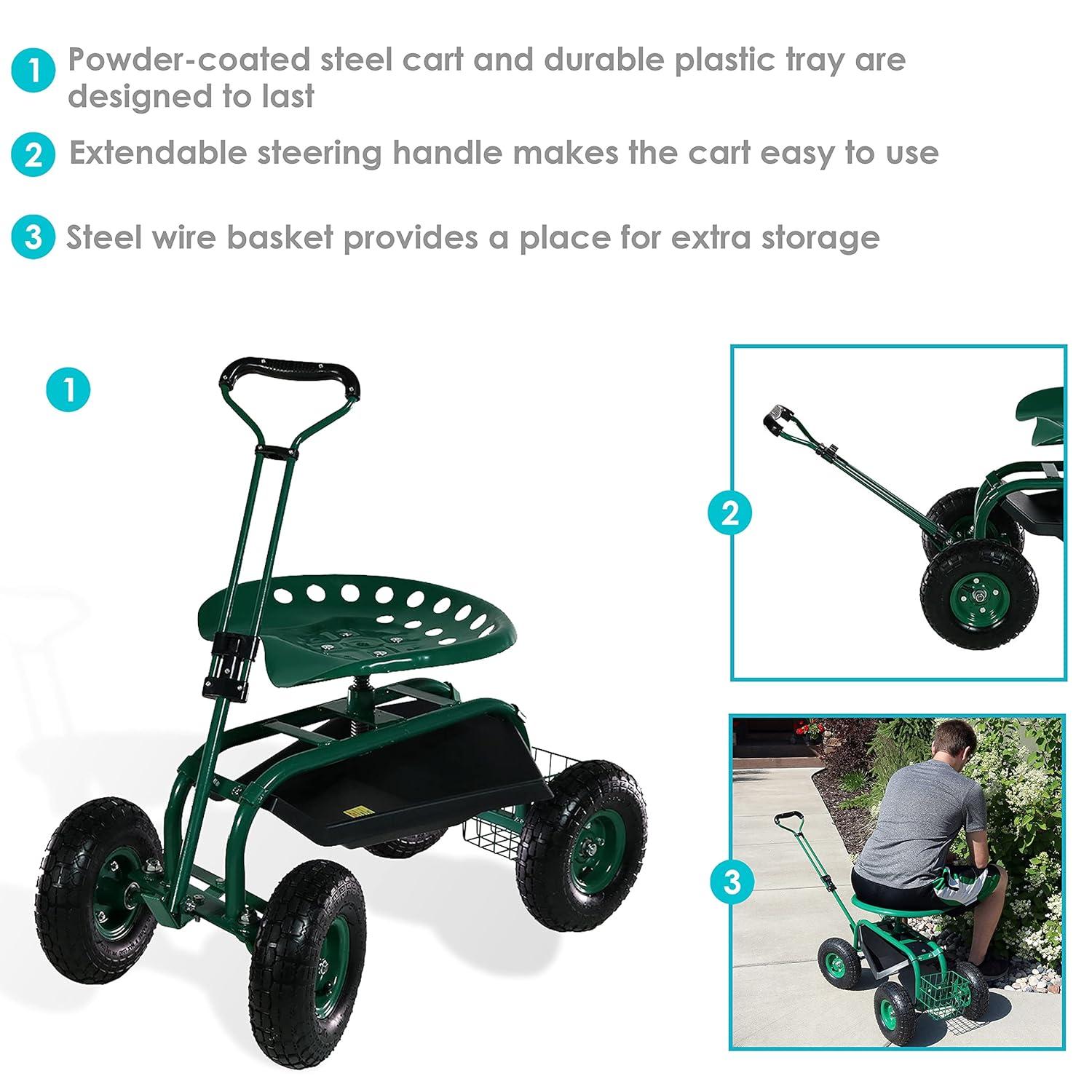 SunnyDaze Decor Steel Extendable Steering Handle Swivel Seat & Basket Garden Carts