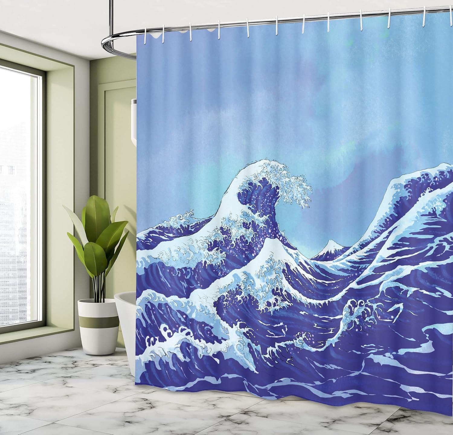 Ambesonne Blue Shower Curtain, Big Tsunami Ocean Nature, 69"Wx75"L, Pale Blue Royal Blue